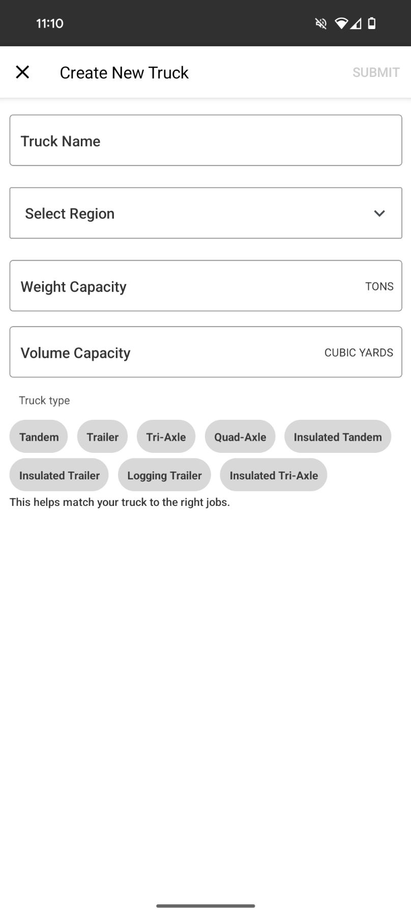 Enter the truck information and tap Submit