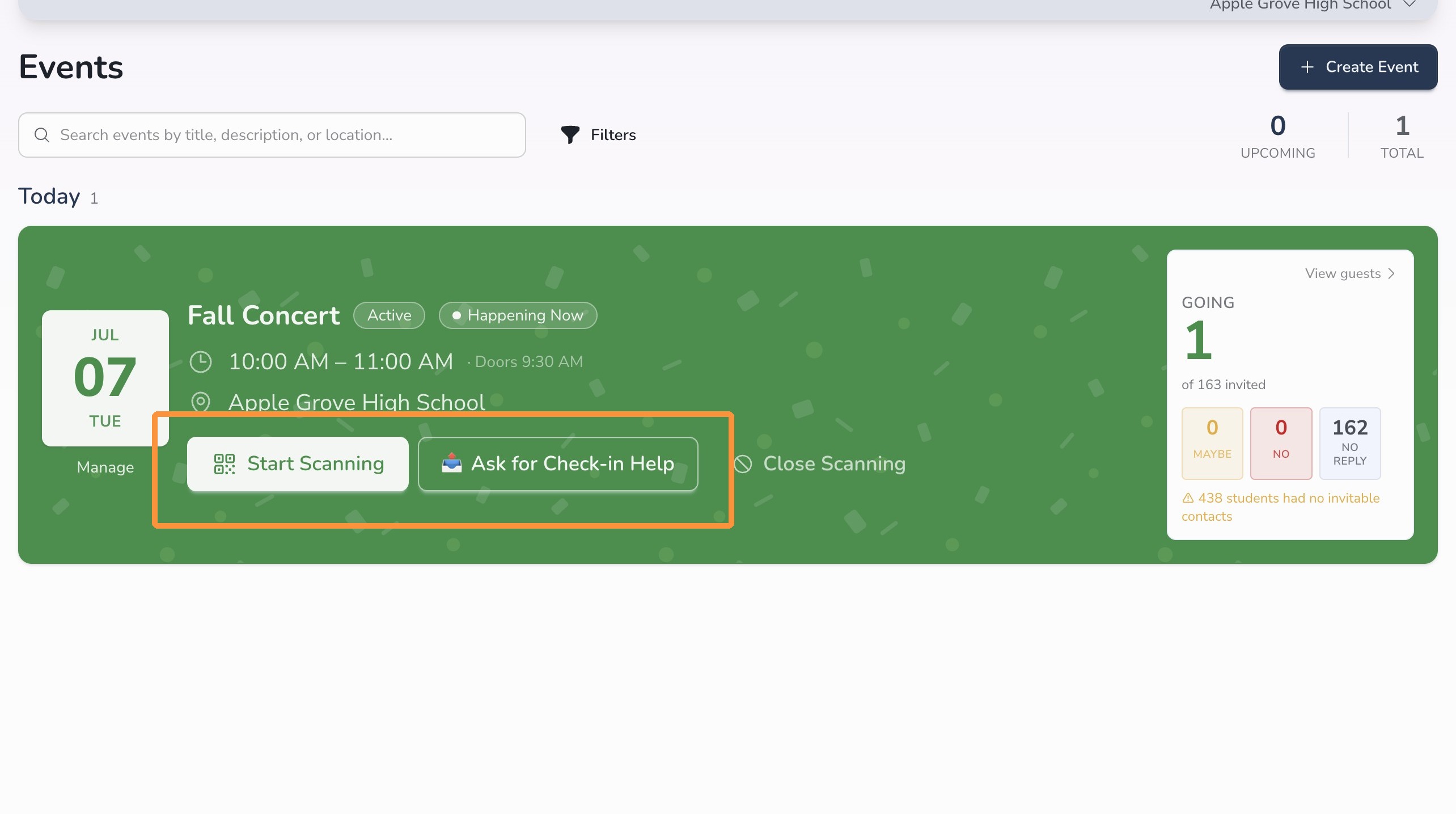 Event tile showing Start Scanning and Ask for Check-in Help