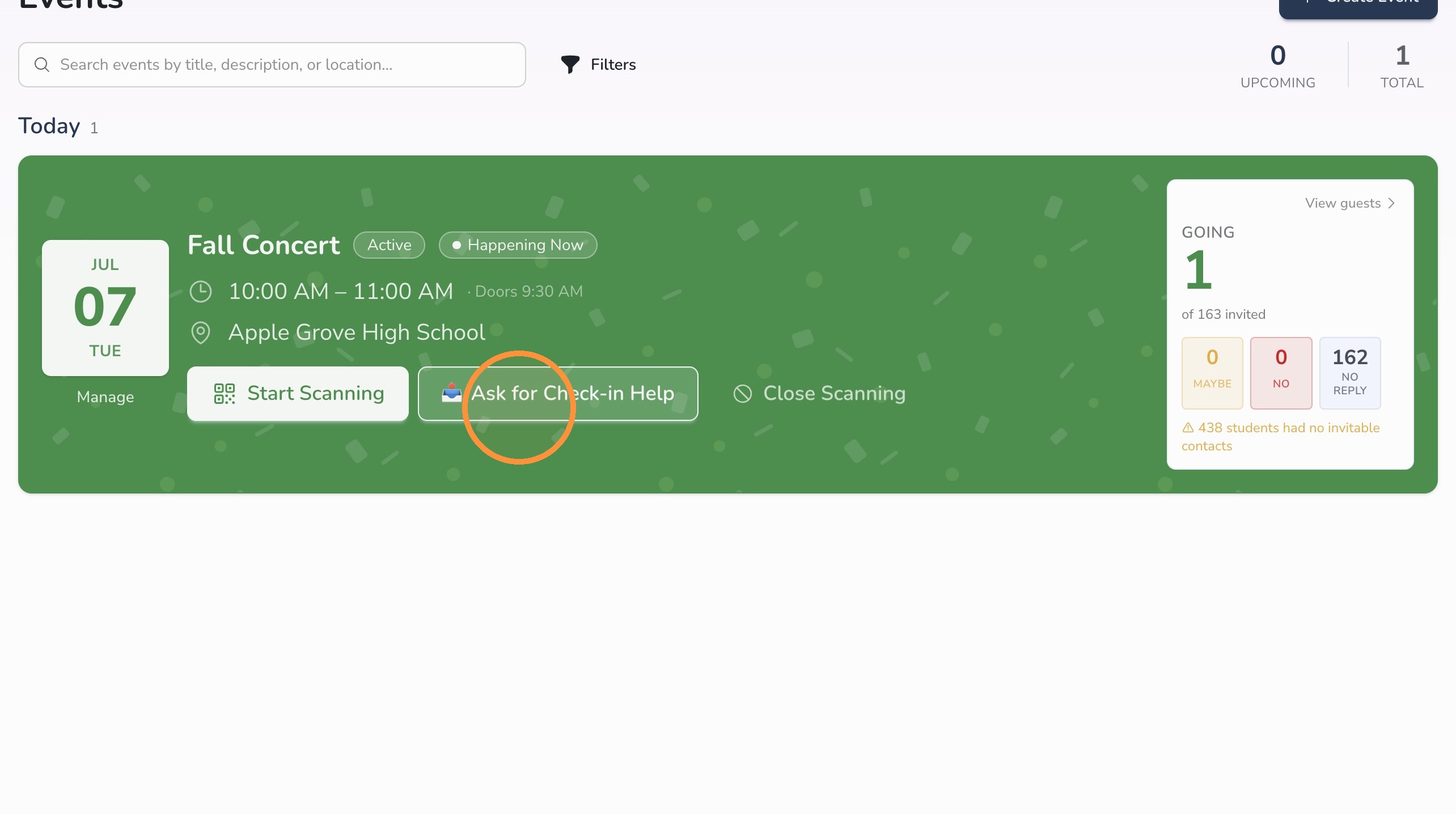 Ask for Check-in Help button in Circool Events