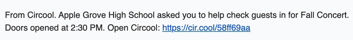 Sample text message sent to event check-in helper