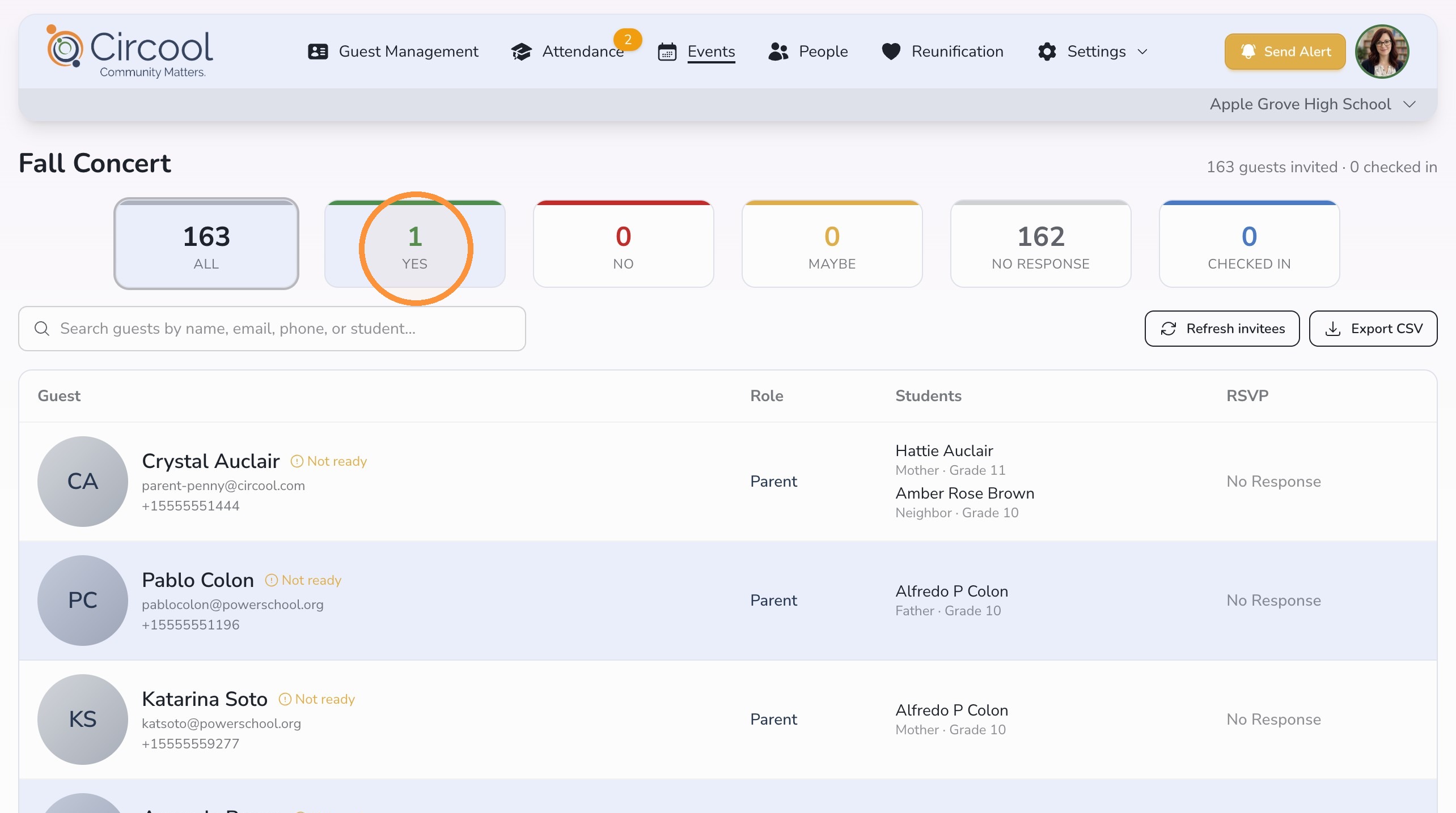 RSVP response filters in Circool Events guest list