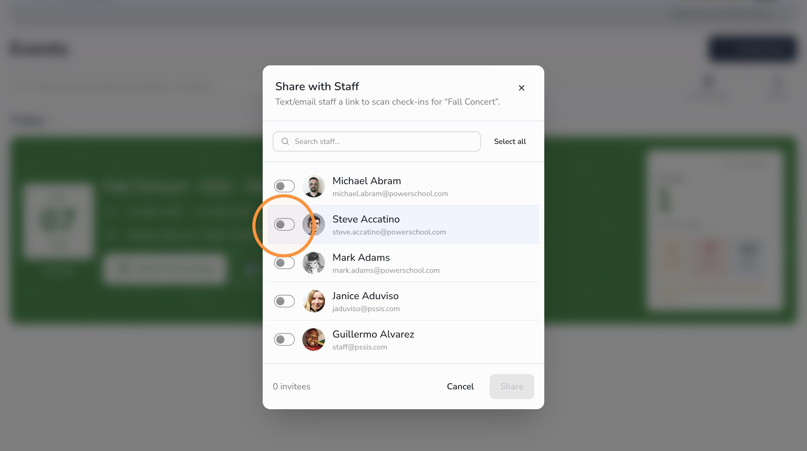 Select staff members for event check-in help