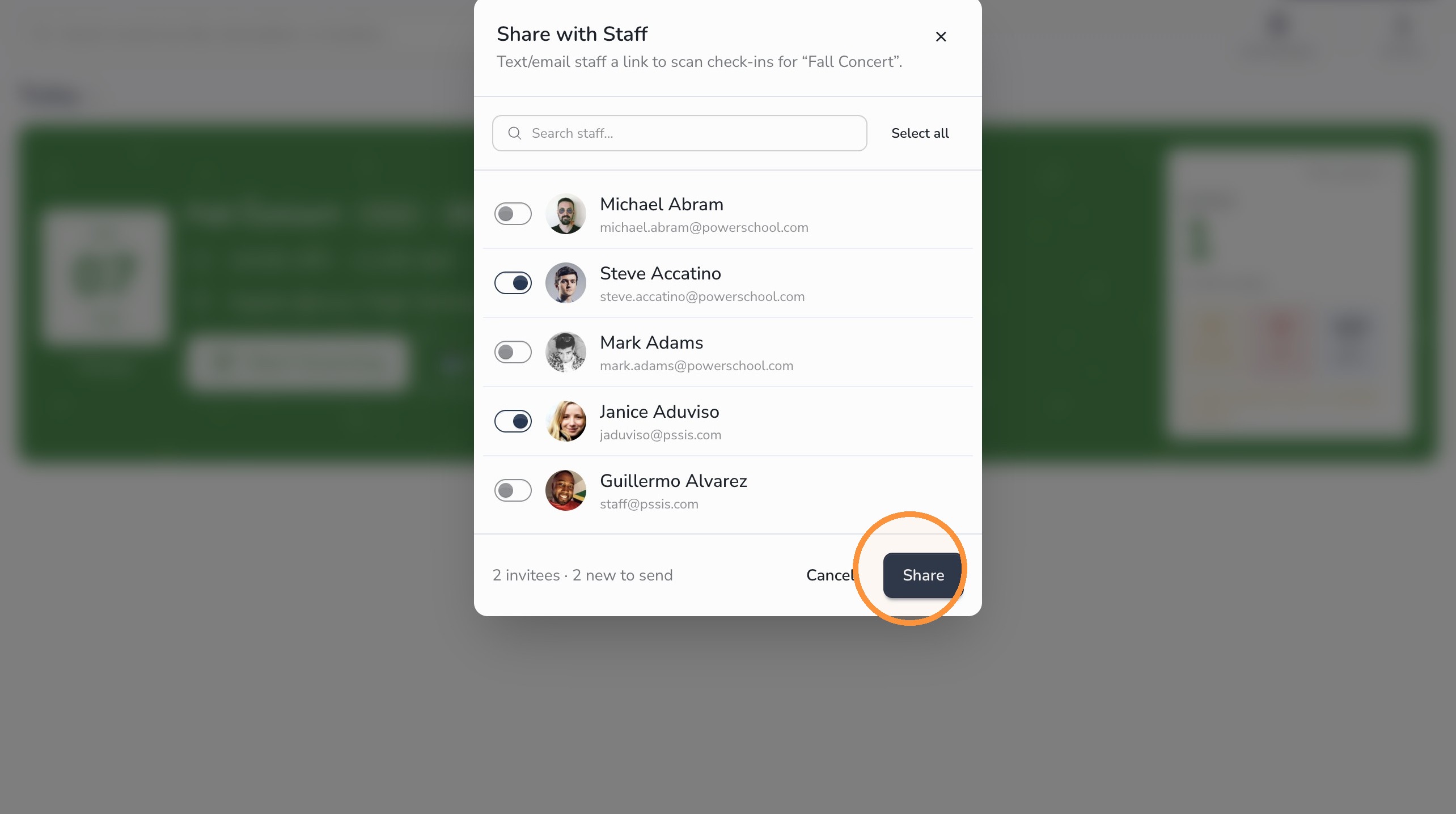 Share event scanner link with selected staff