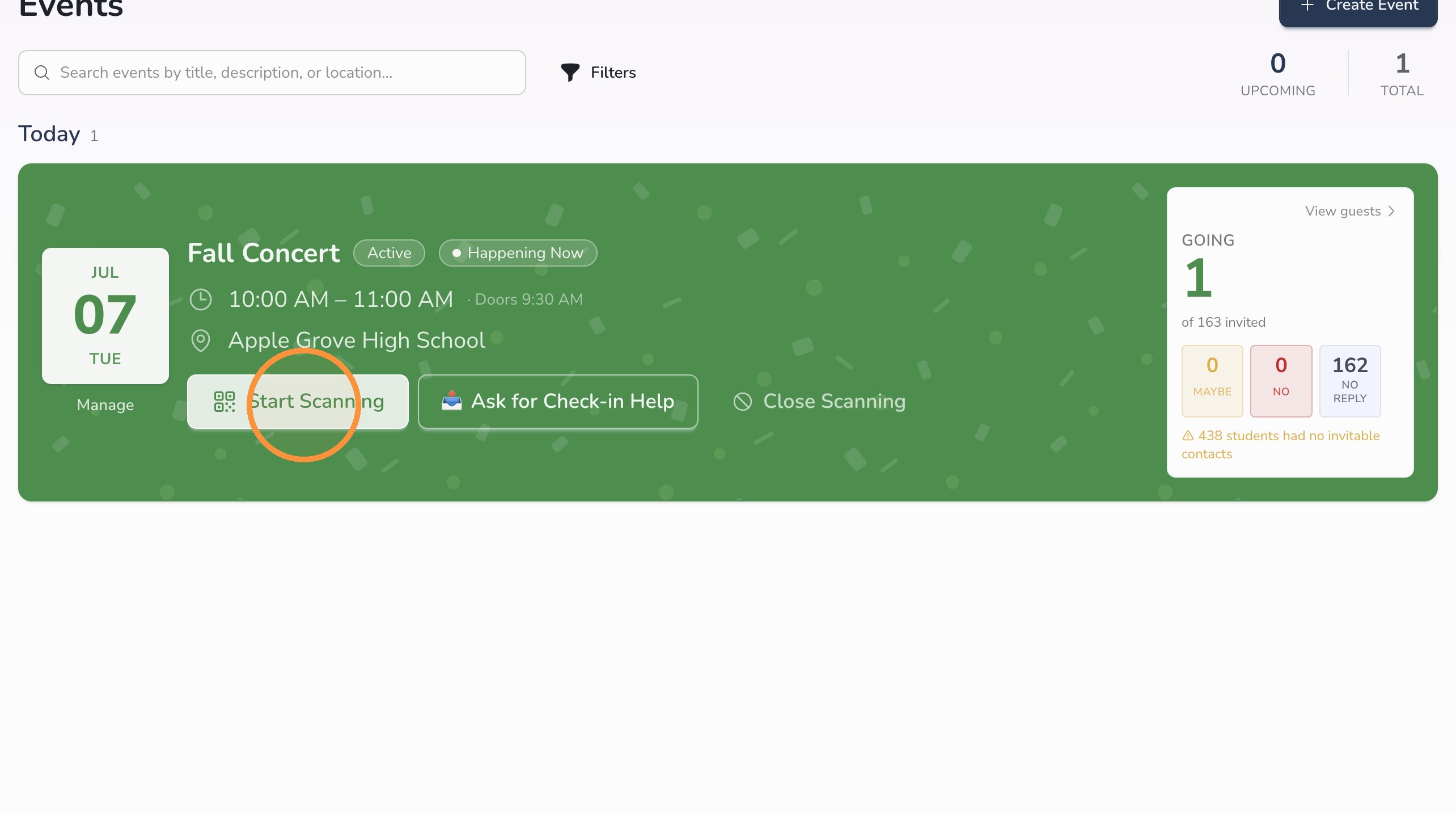 Start Scanning button for Circool event check-in