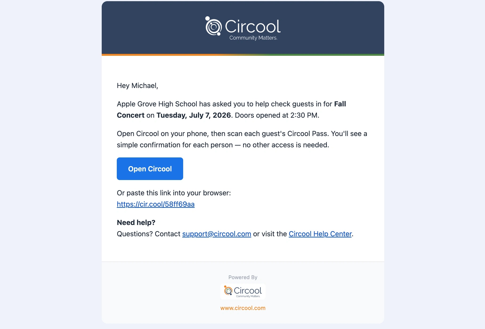 Sample email sent to event check-in helper