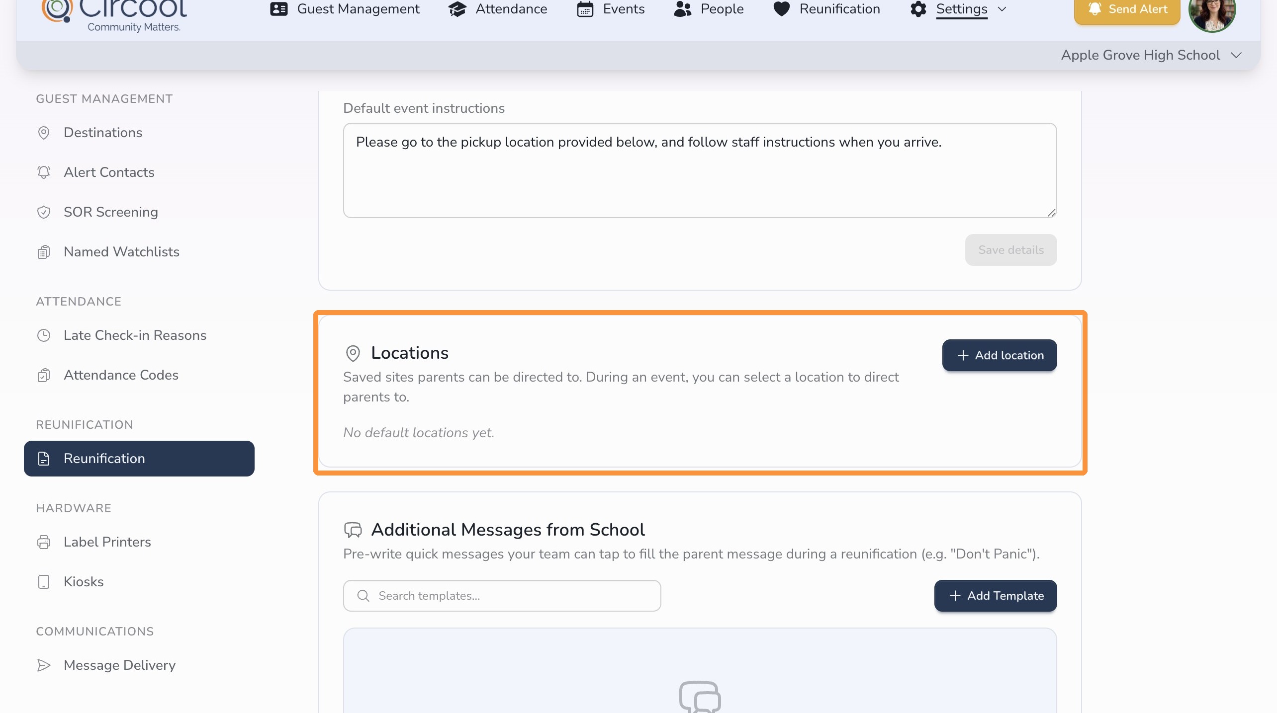Reunification locations section in Circool settings