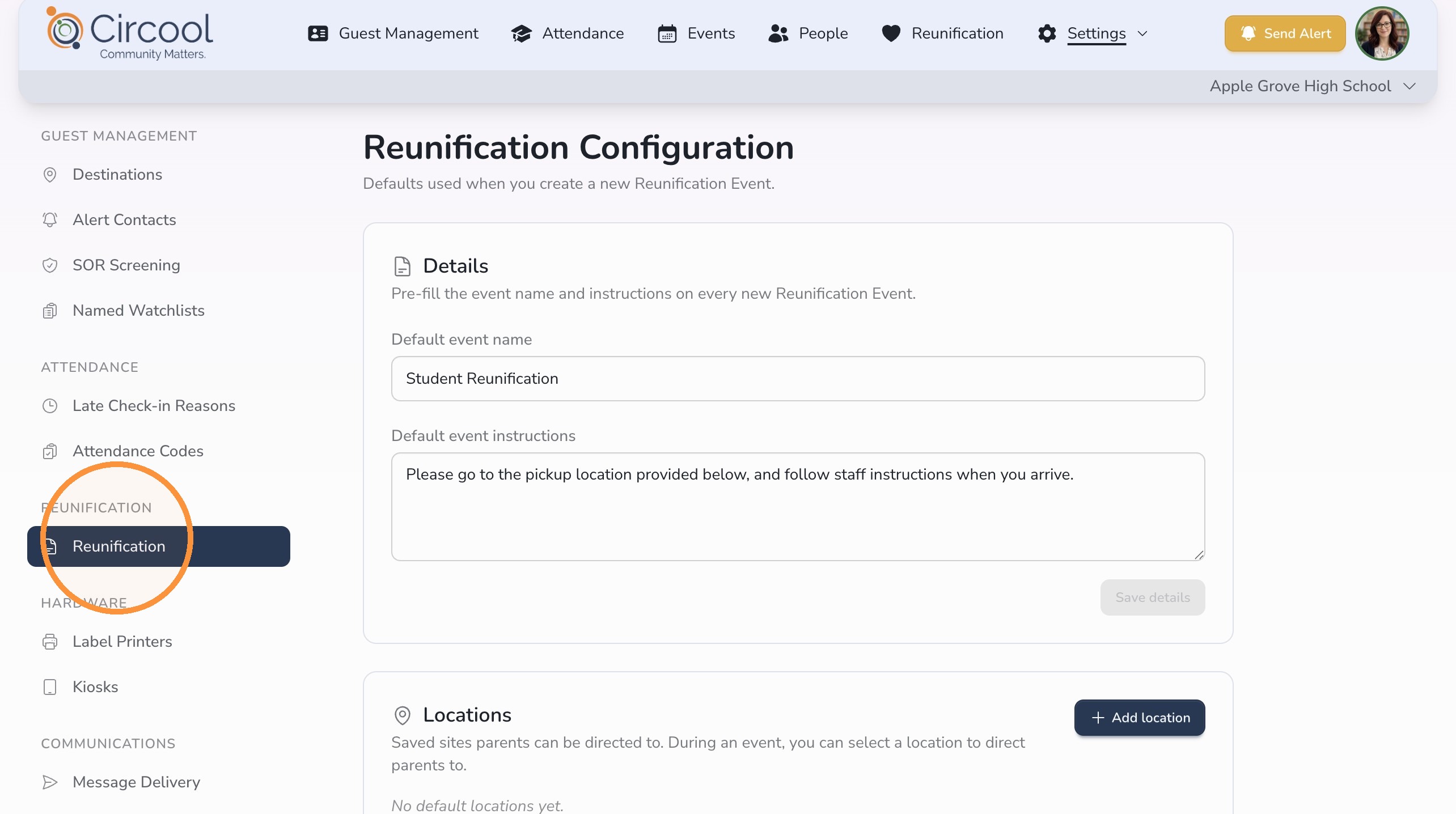 Open Reunification settings in Circool