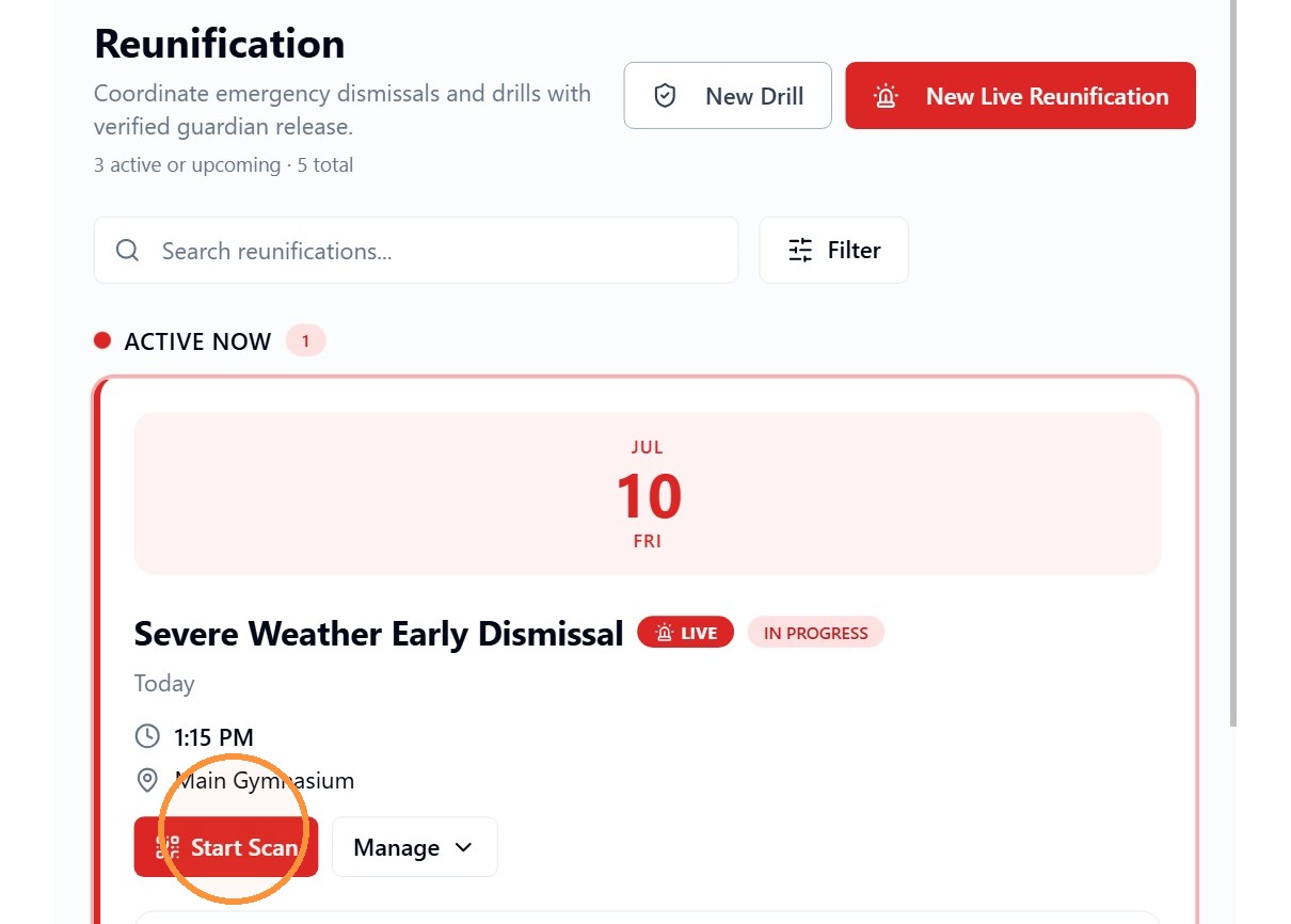 Start Scan button on the Circool Reunification Dashboard