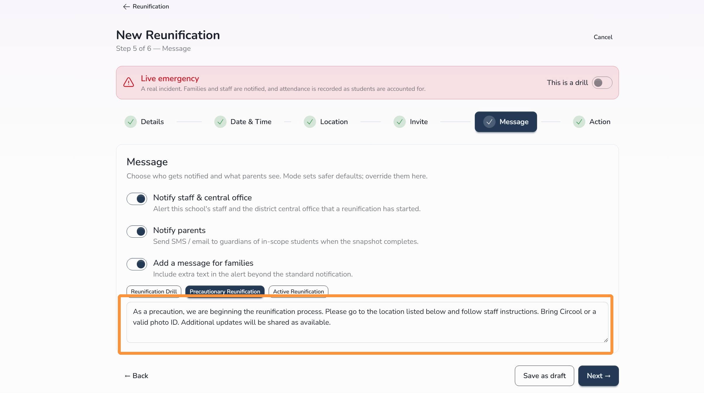 Review Reunification message before continuing