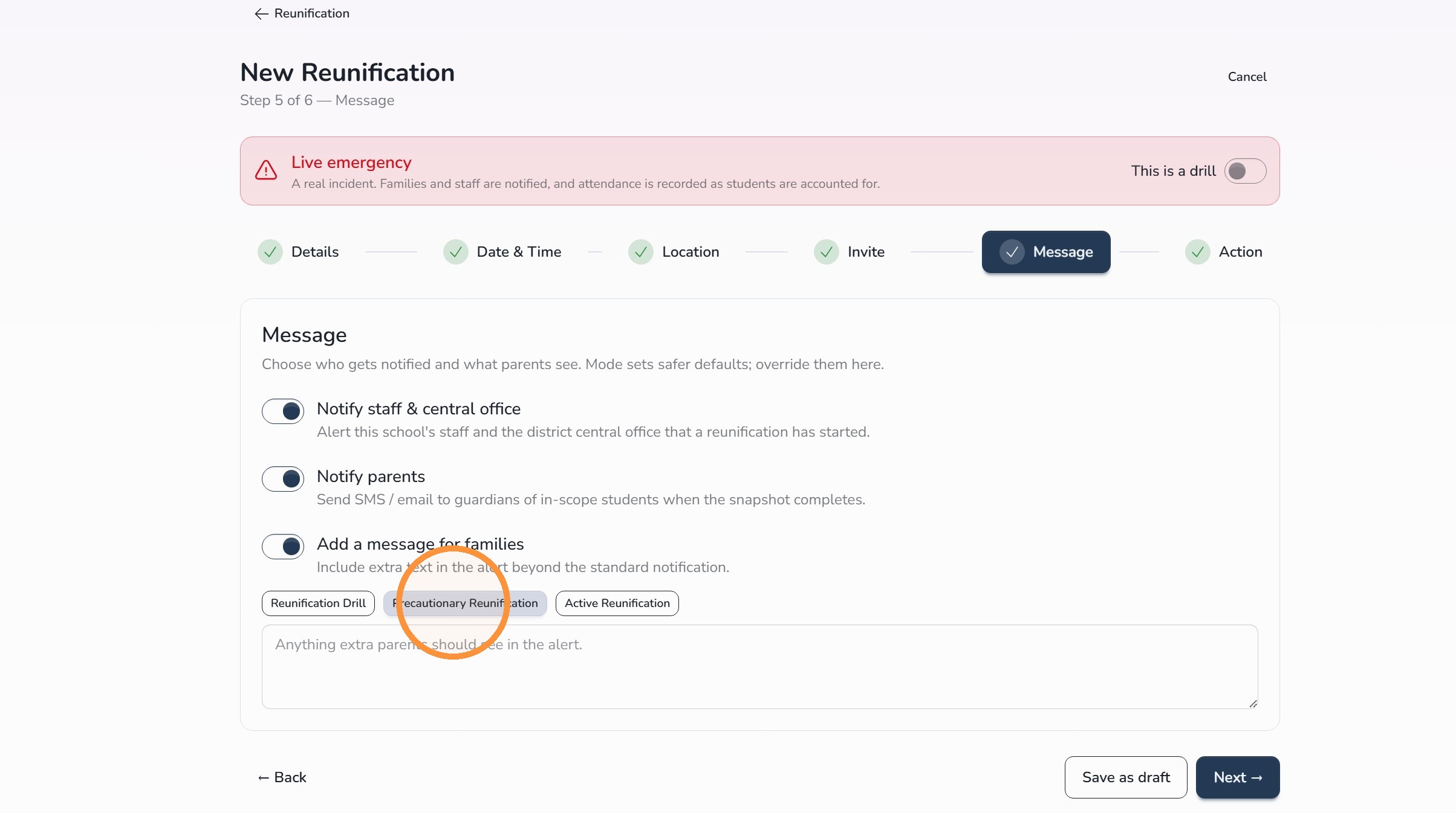 Select preconfigured Reunification message in Circool