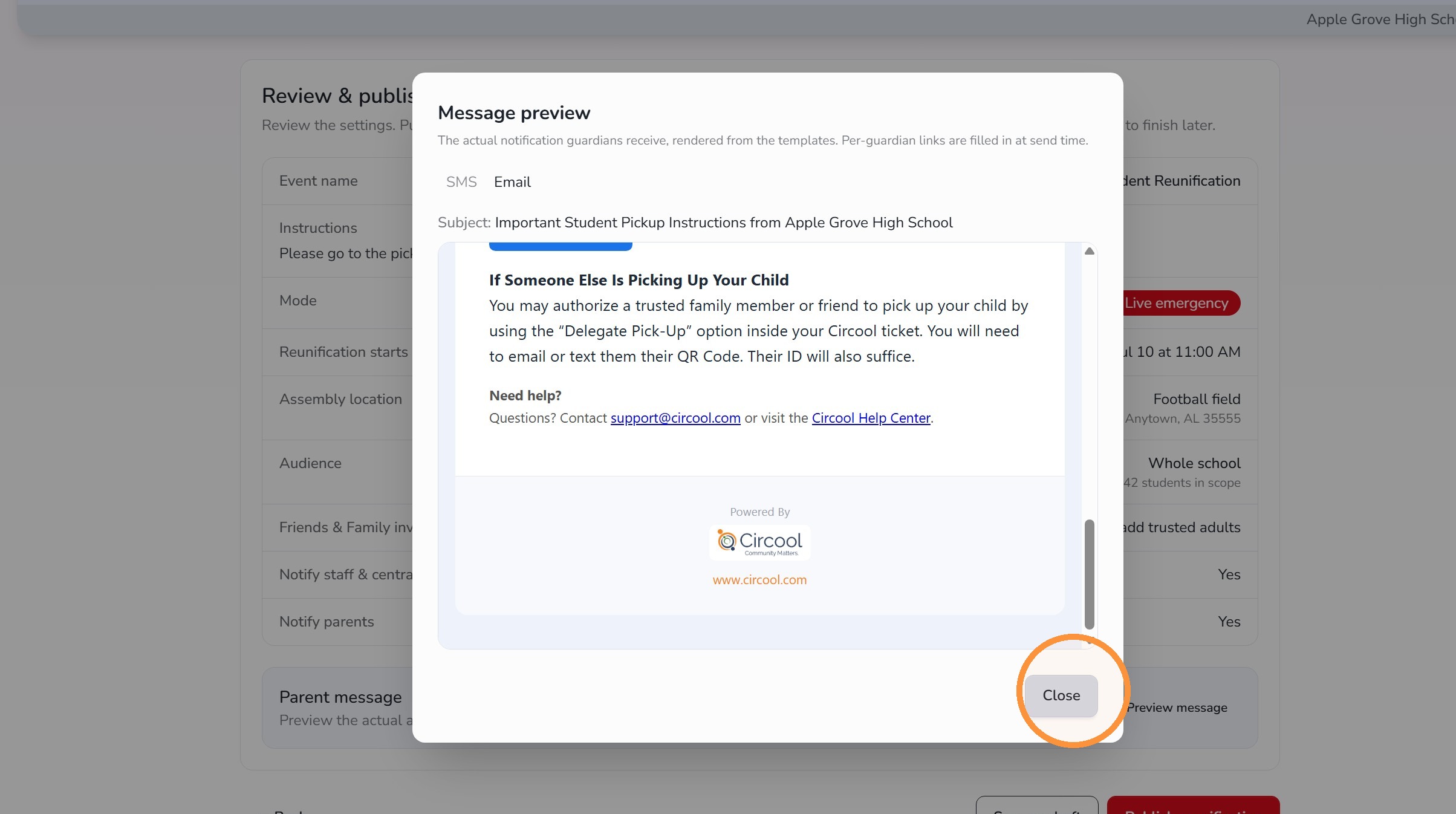 Preview Reunification SMS message in Circool
