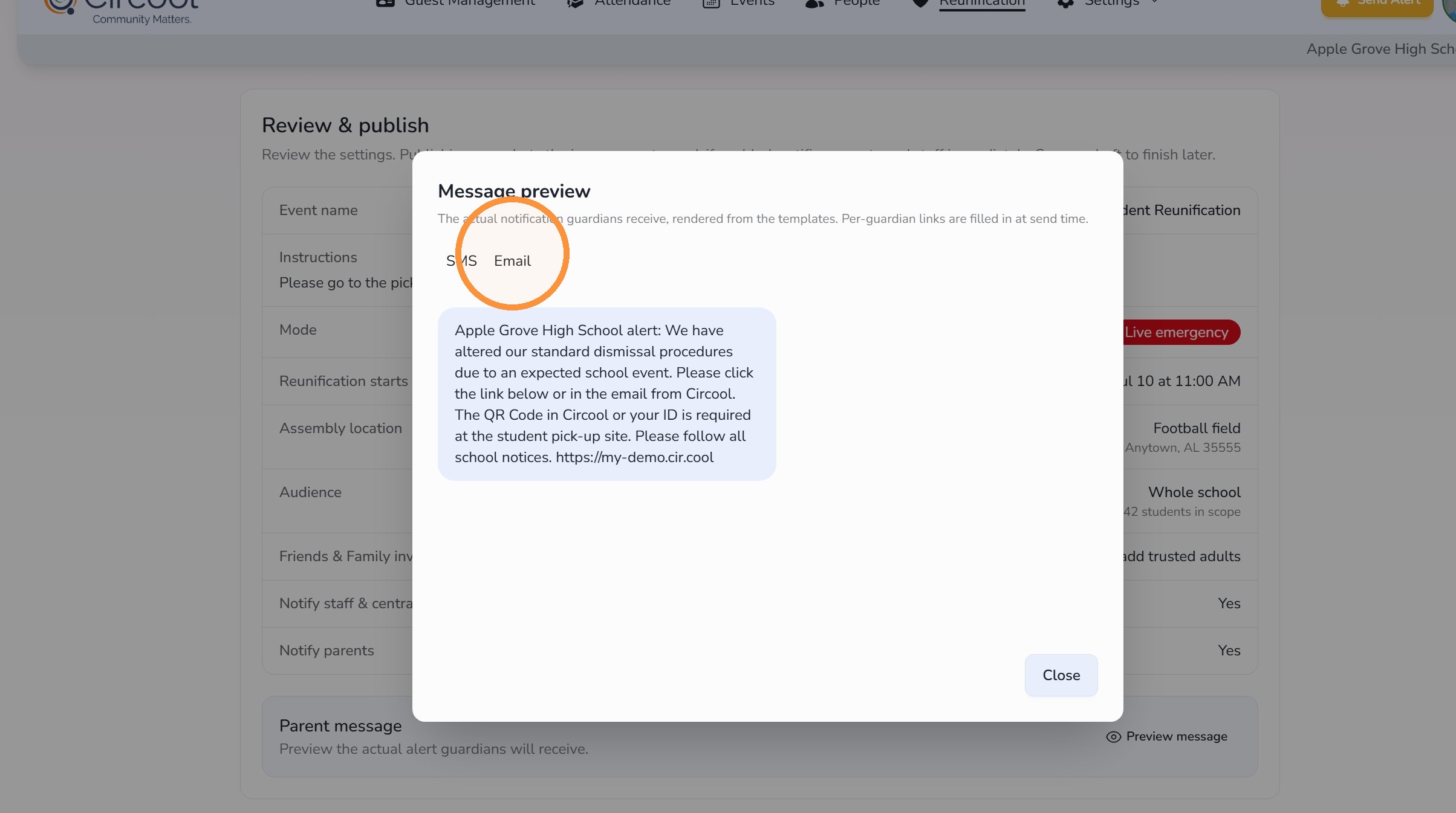 Preview Reunification email message in Circool