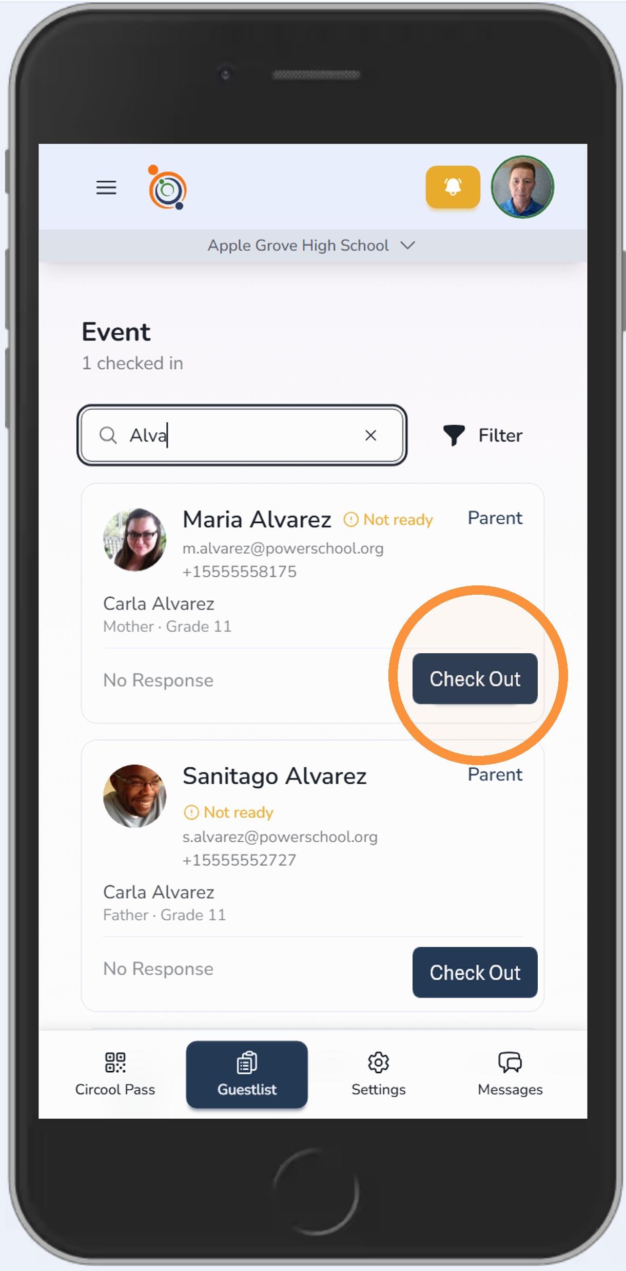 Search by parent or student contact name during Reunification Event
