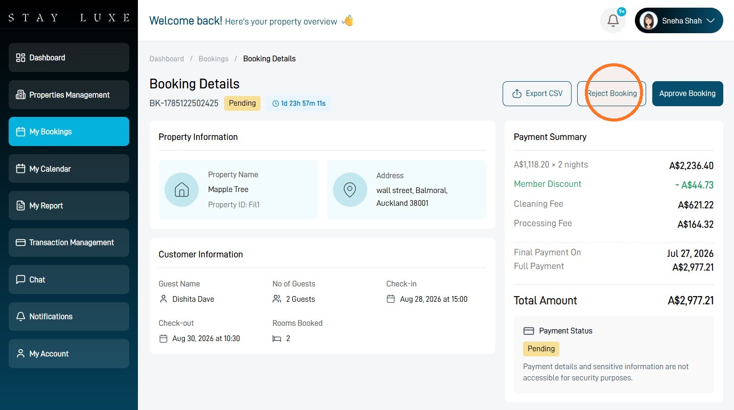 Reject Booking button