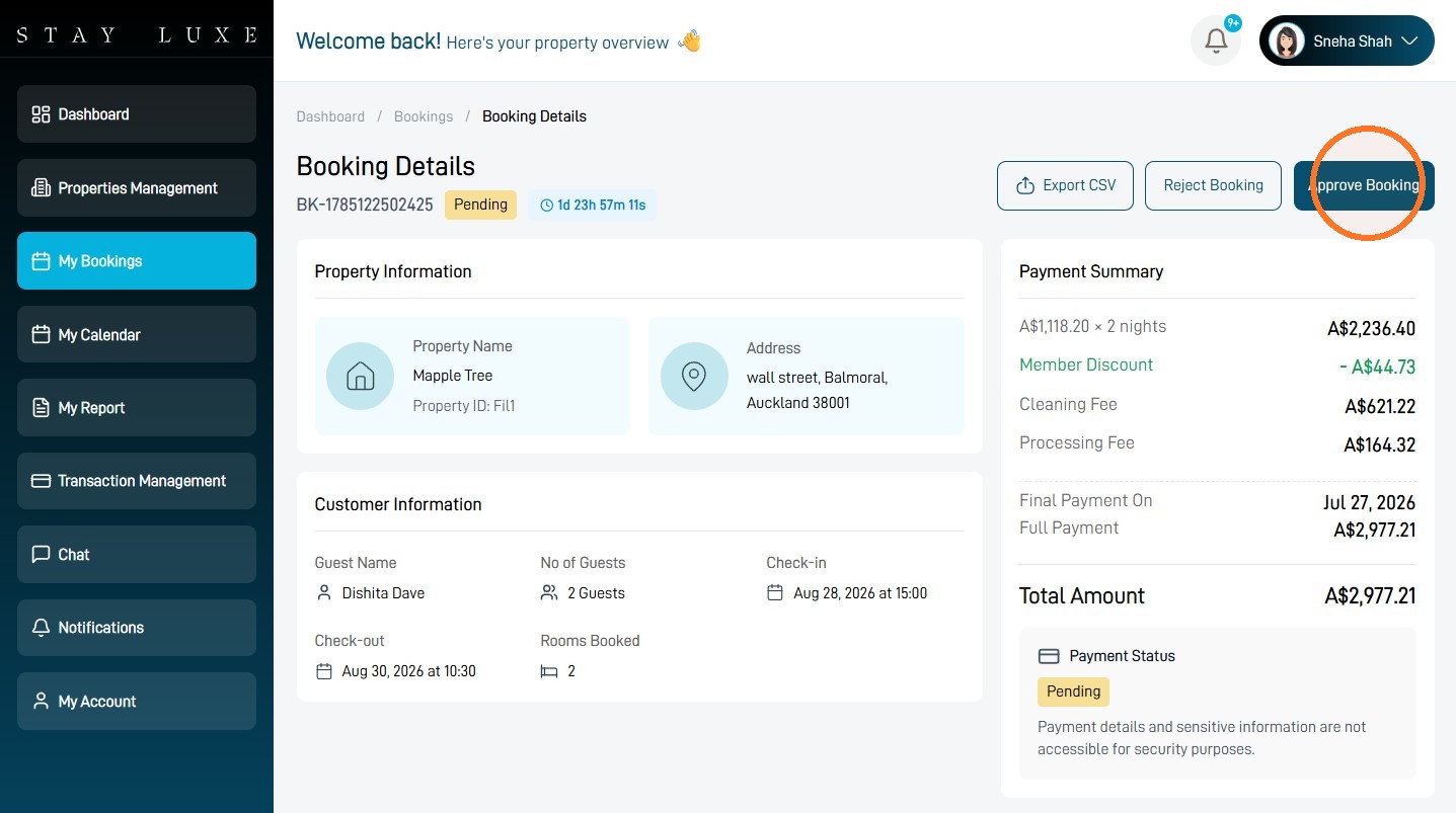 Approve Booking button