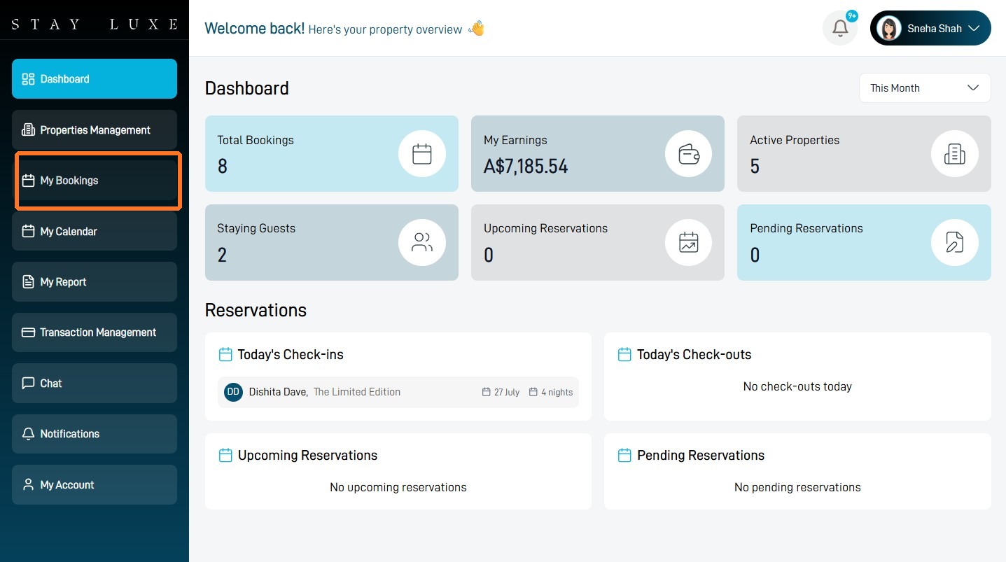 My Bookings option in the StayLuxe host dashboard