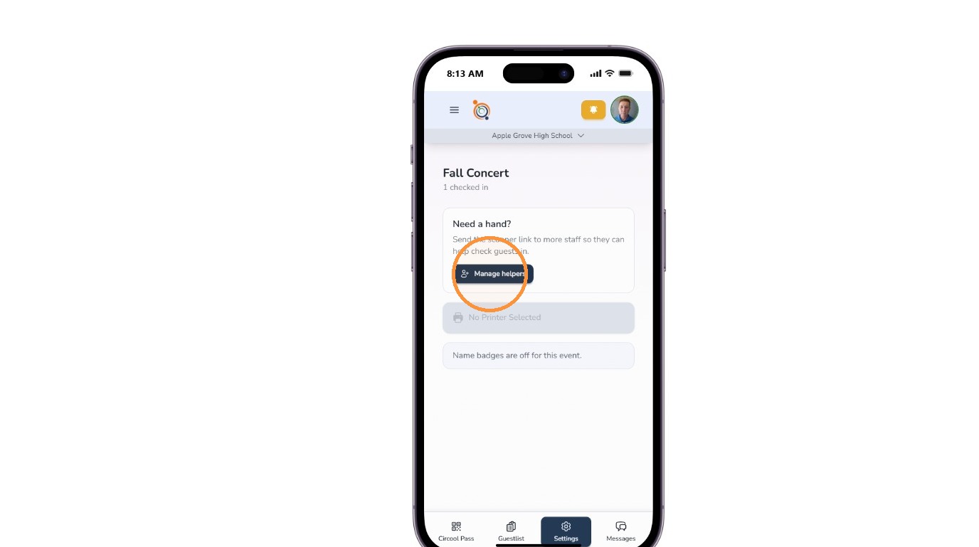 Manage Helpers option for Circool event check-in
