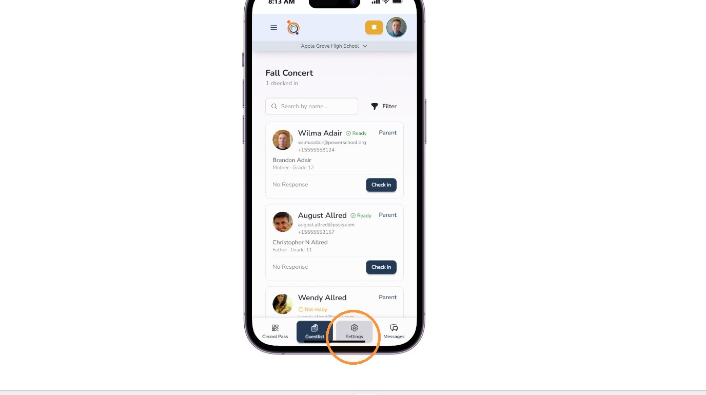 Settings button in Circool event guest list