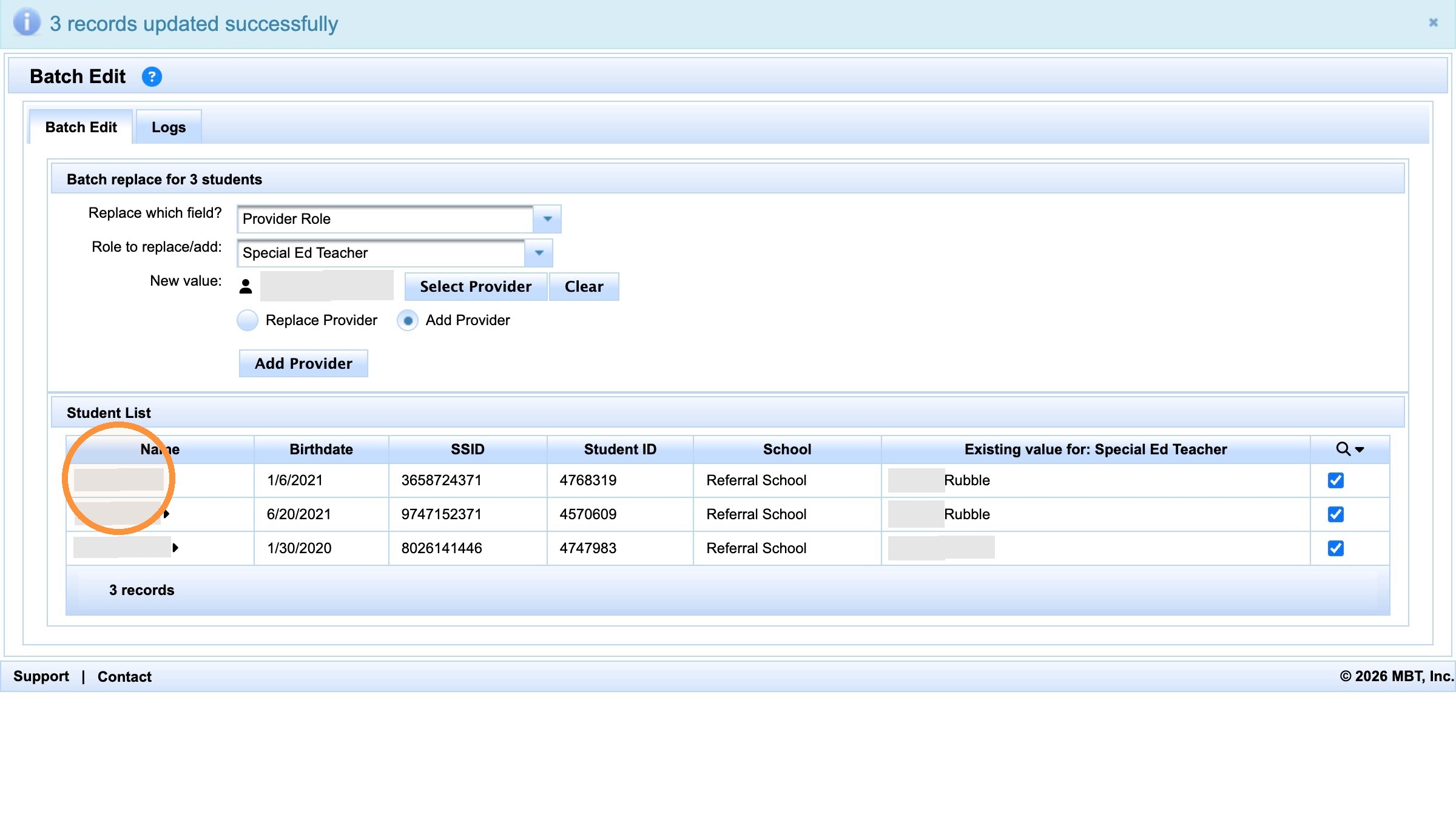 Student record opened after the first provider add