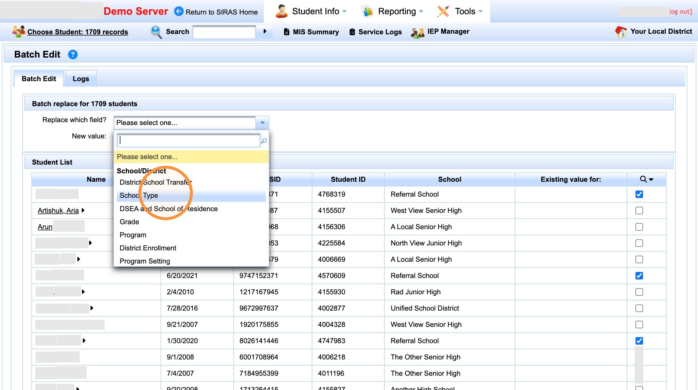 Batch Edit field selection showing School Type