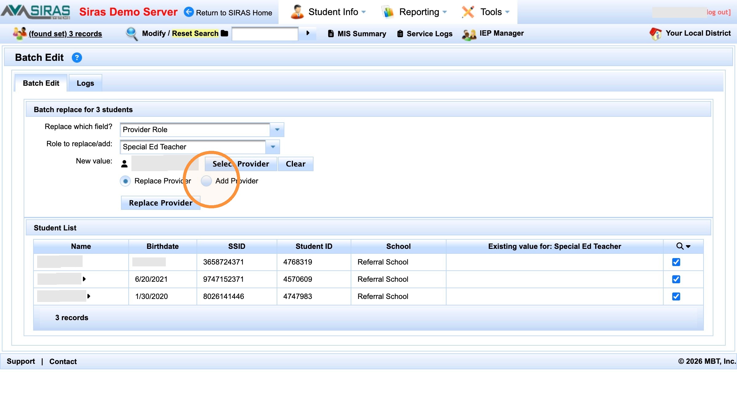 Provider assignment action selector