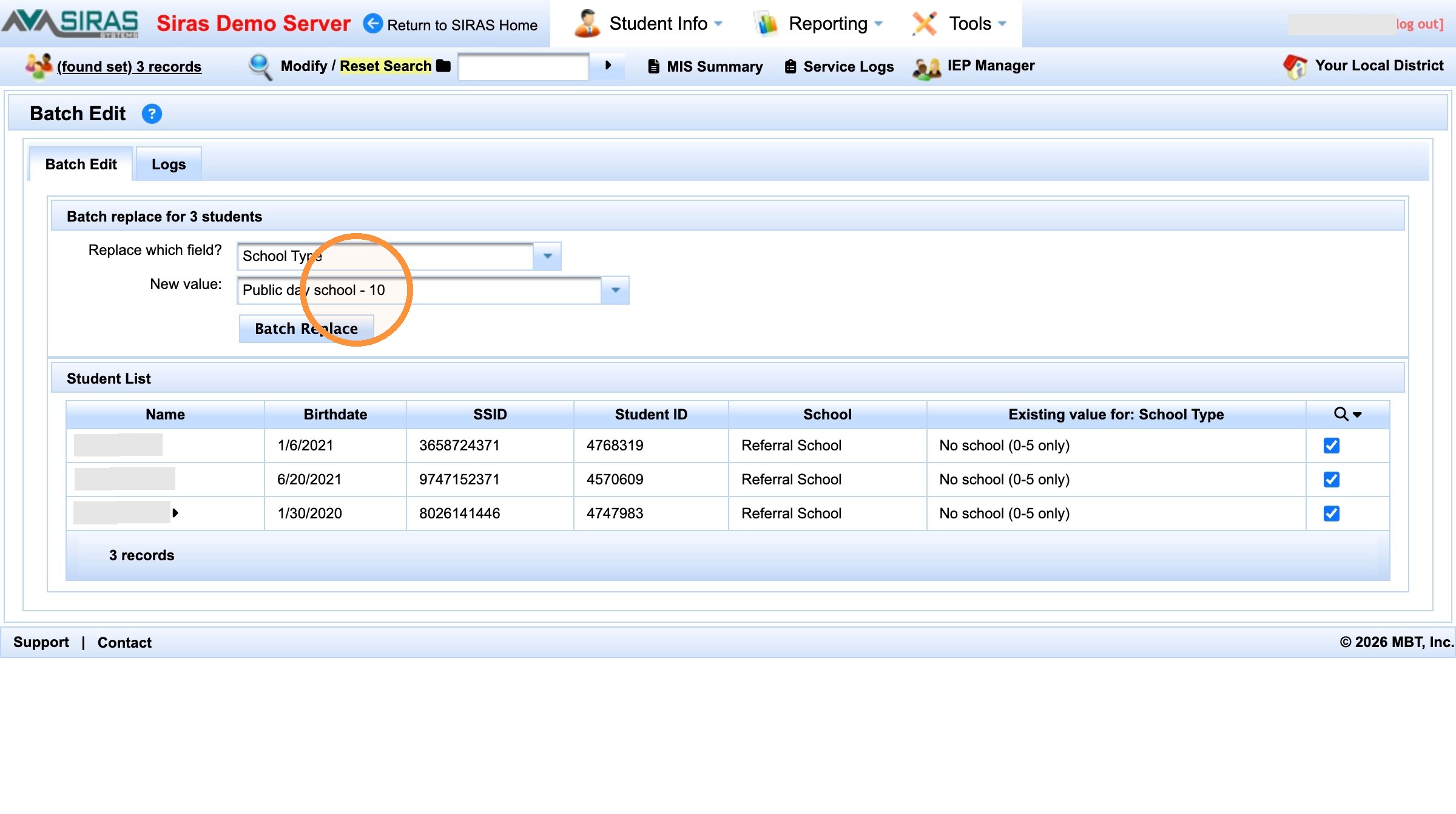 Batch Edit page after narrowing to marked students