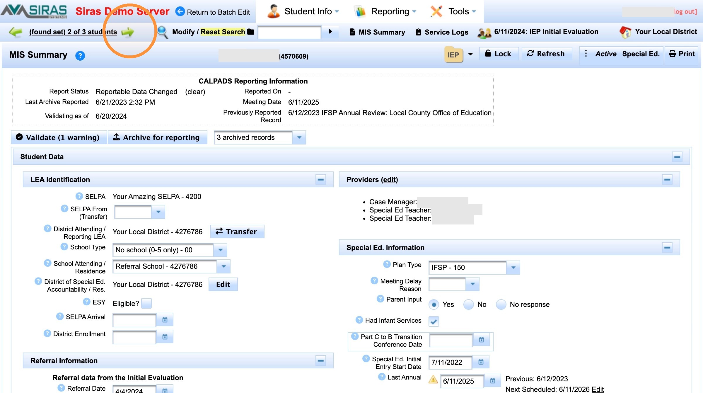 Next student record showing both provider assignments