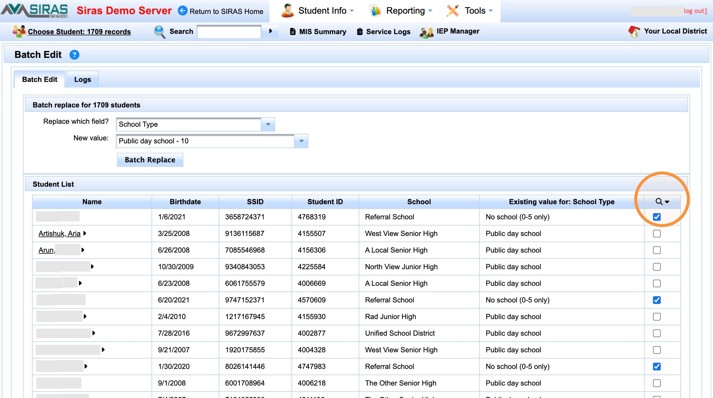 Current Found Set displayed before narrowing to marked students