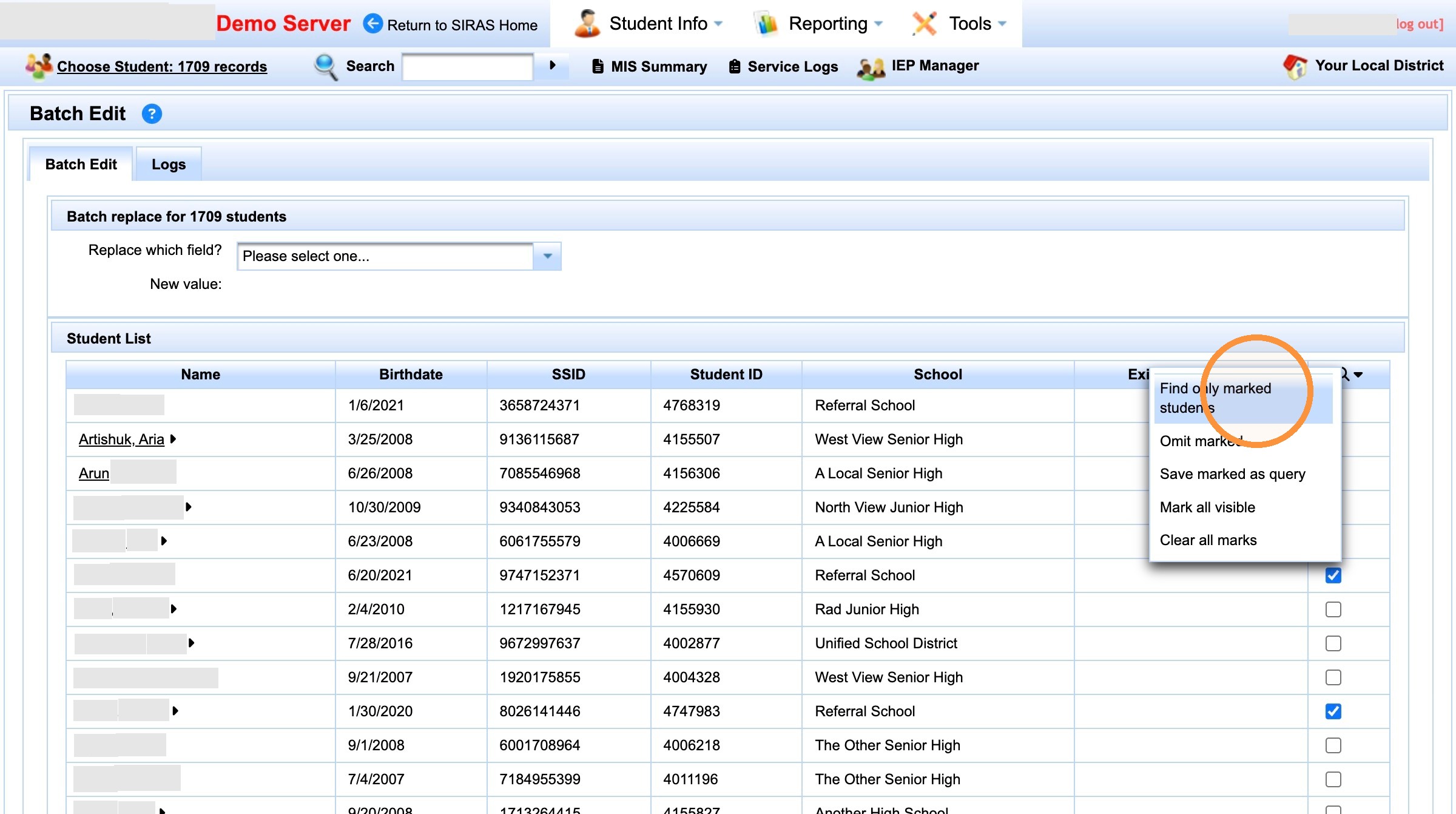 Find only marked students option
