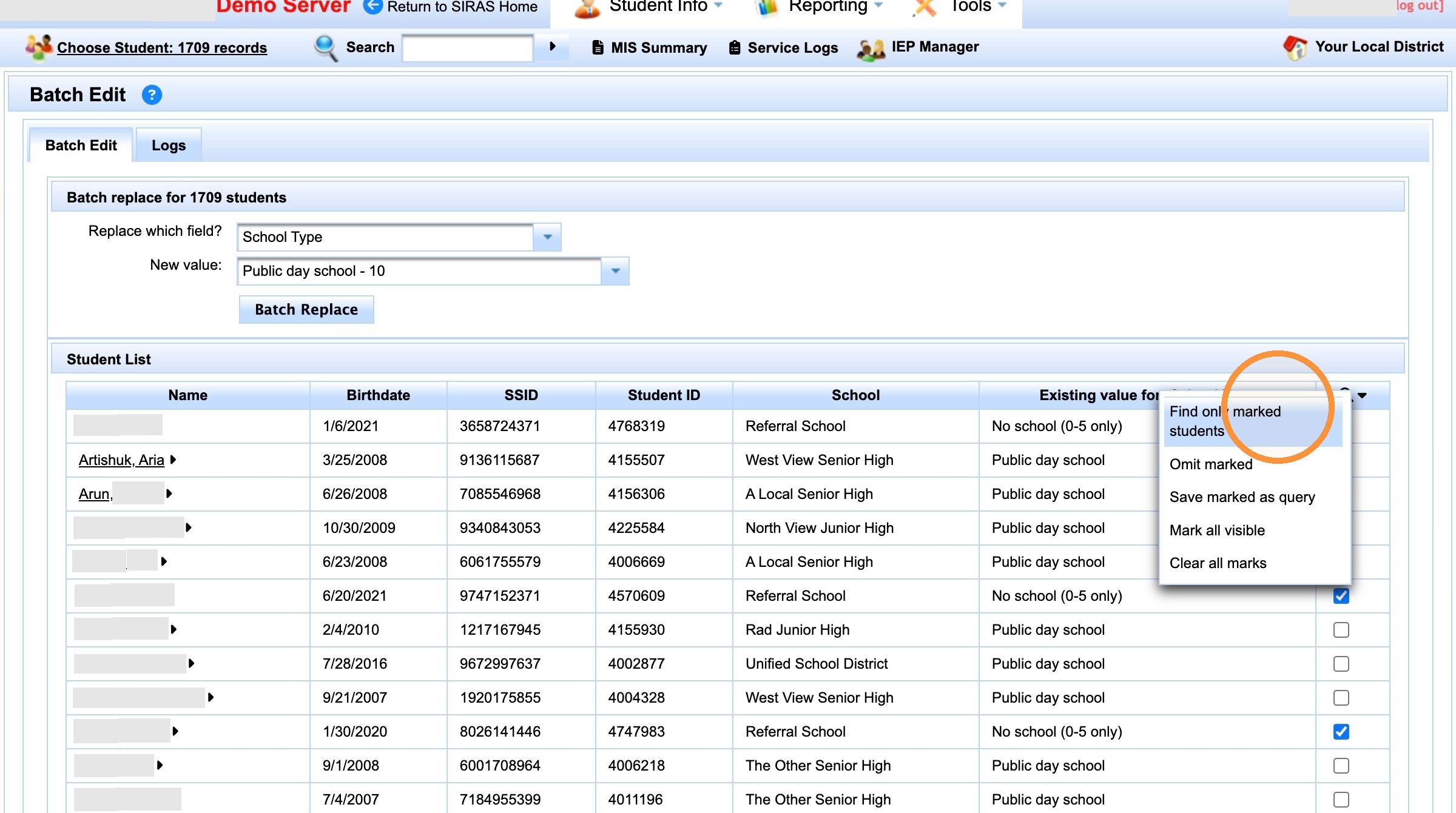 Marked Records menu used to find only marked students