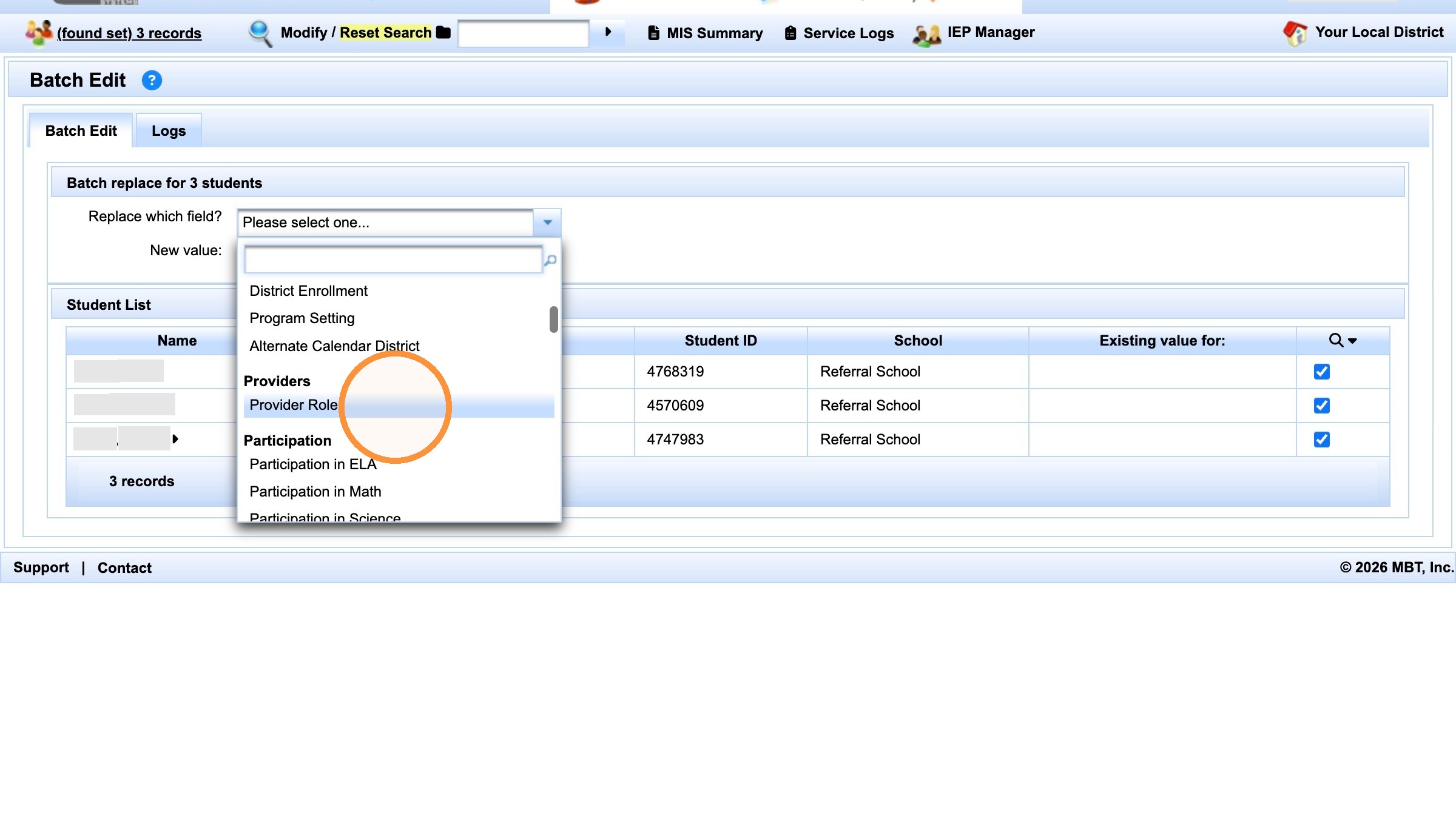 Provider Role selected in Batch Edit