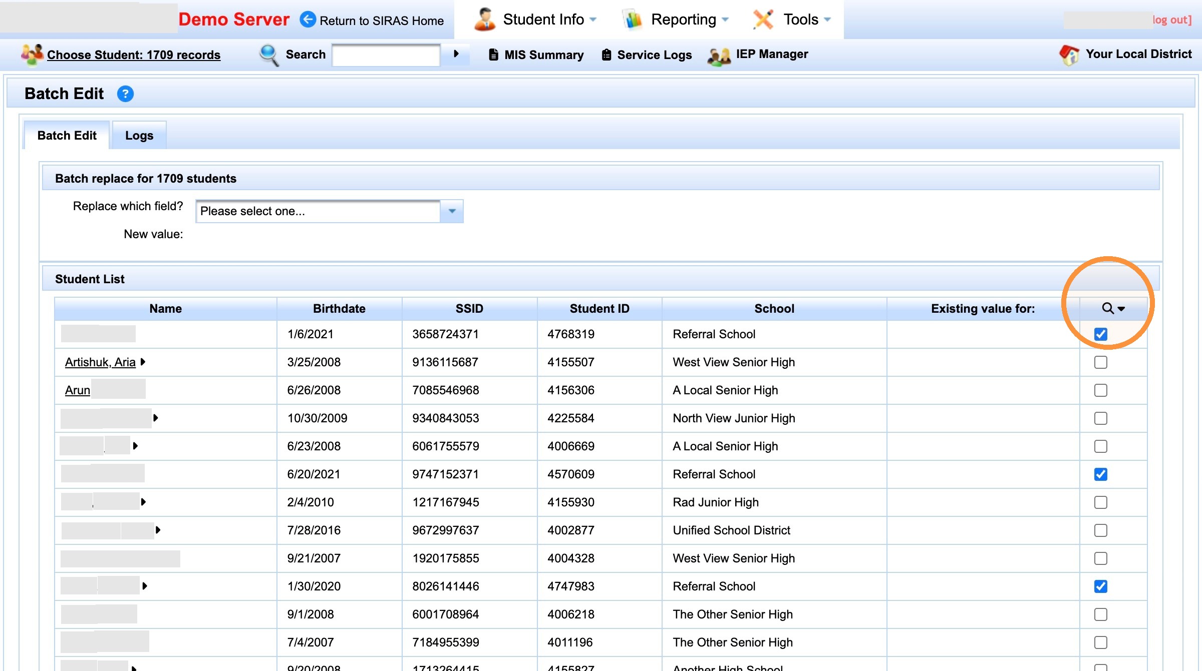 Marked Records menu in Batch Edit workflow
