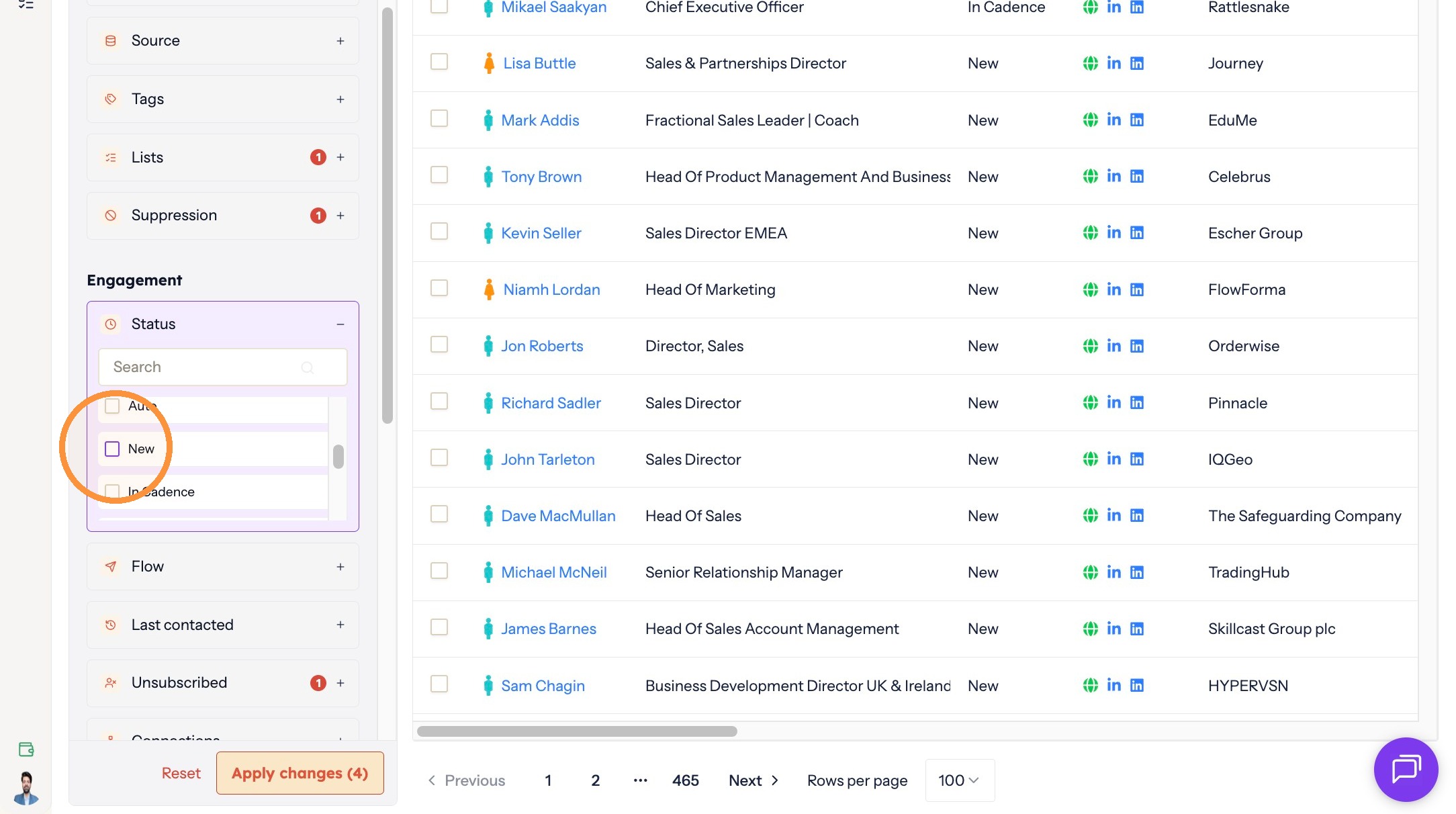 Selecting the New status