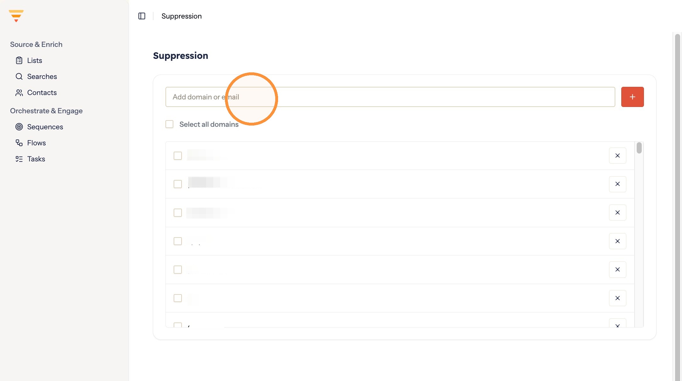 Typing an email address or domain into the suppression field