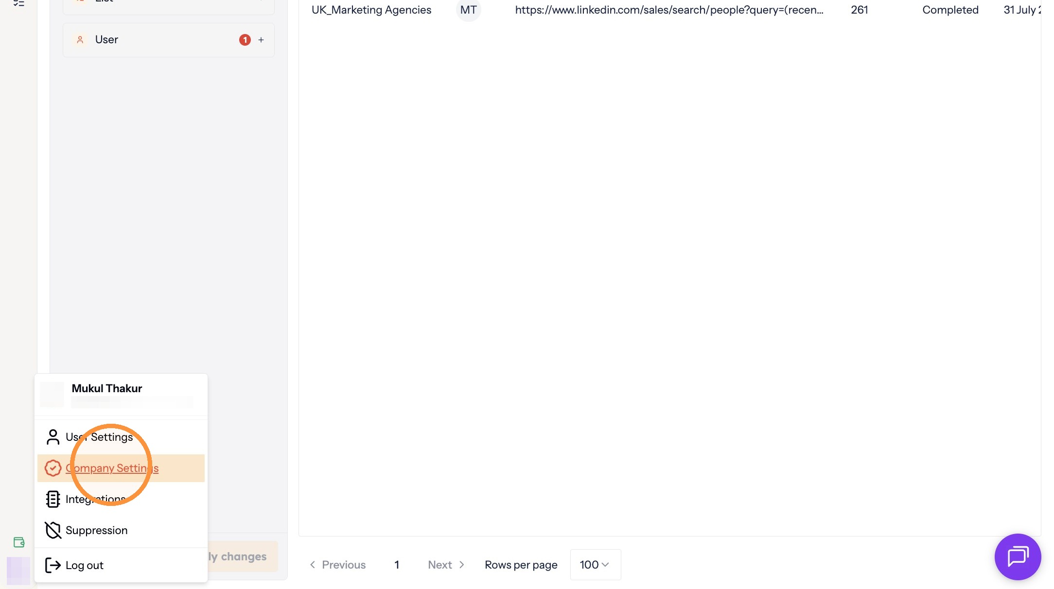Company Settings in the profile menu