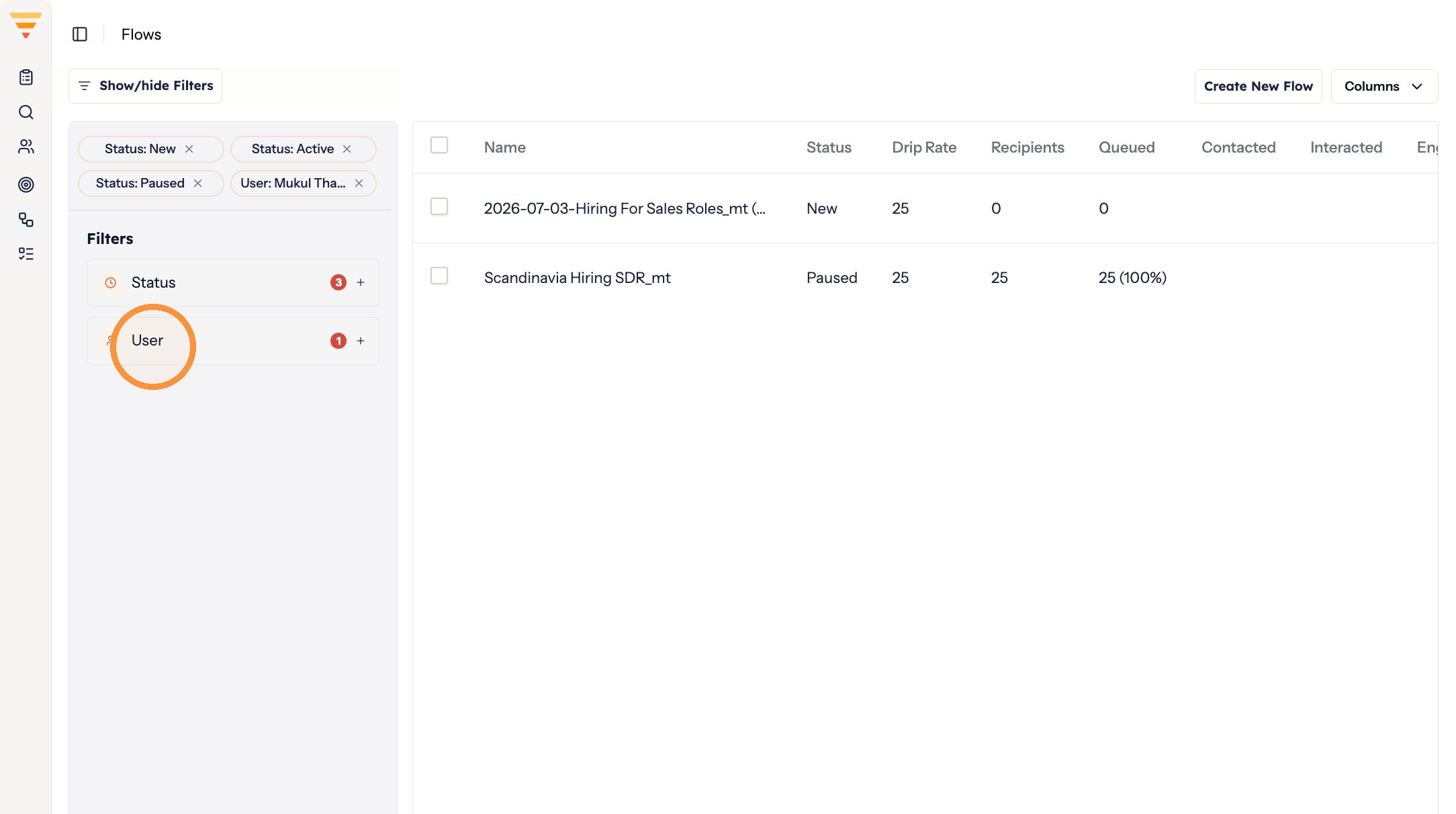 The User dropdown on the Flows page
