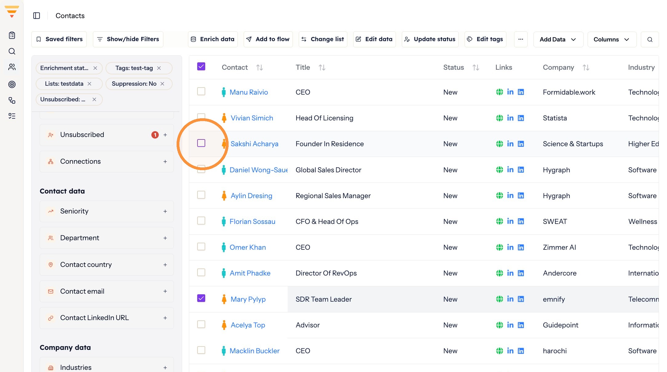 Selecting the contacts to suppress