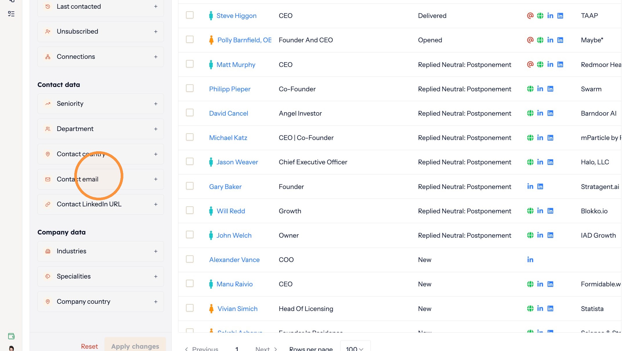 Expanding Contact email or Contact LinkedIn URL under Contact data