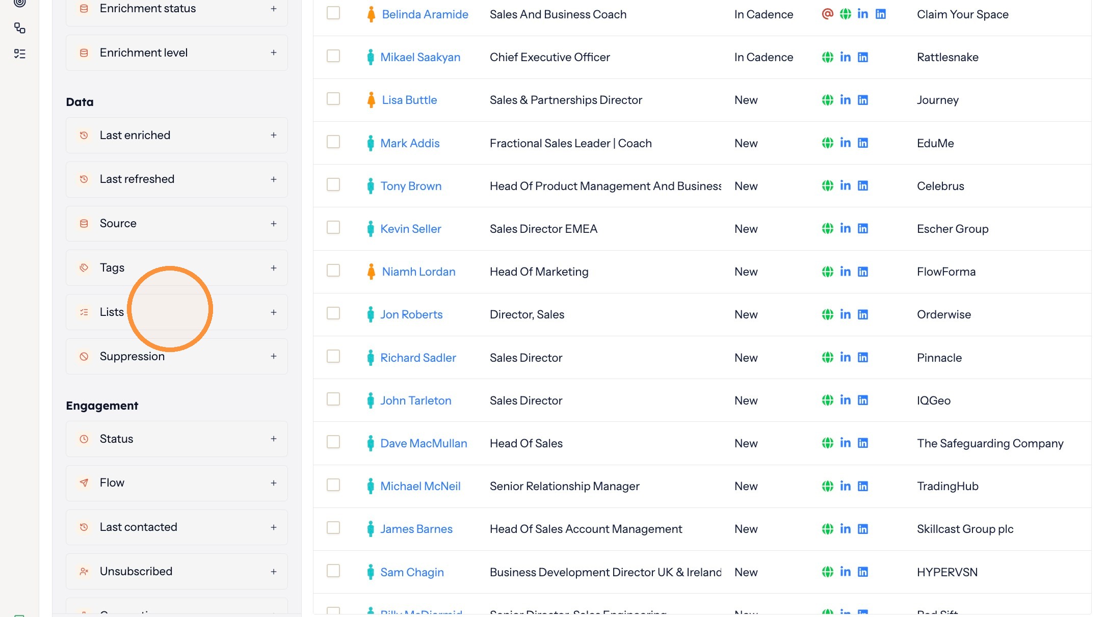 The Lists filter in the filter panel