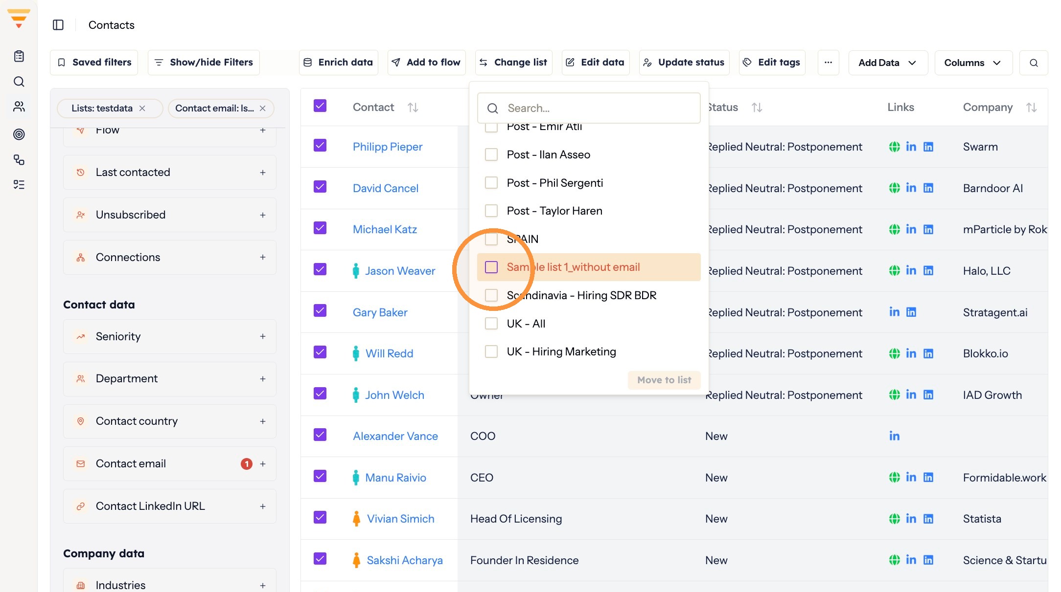 Selecting the destination list