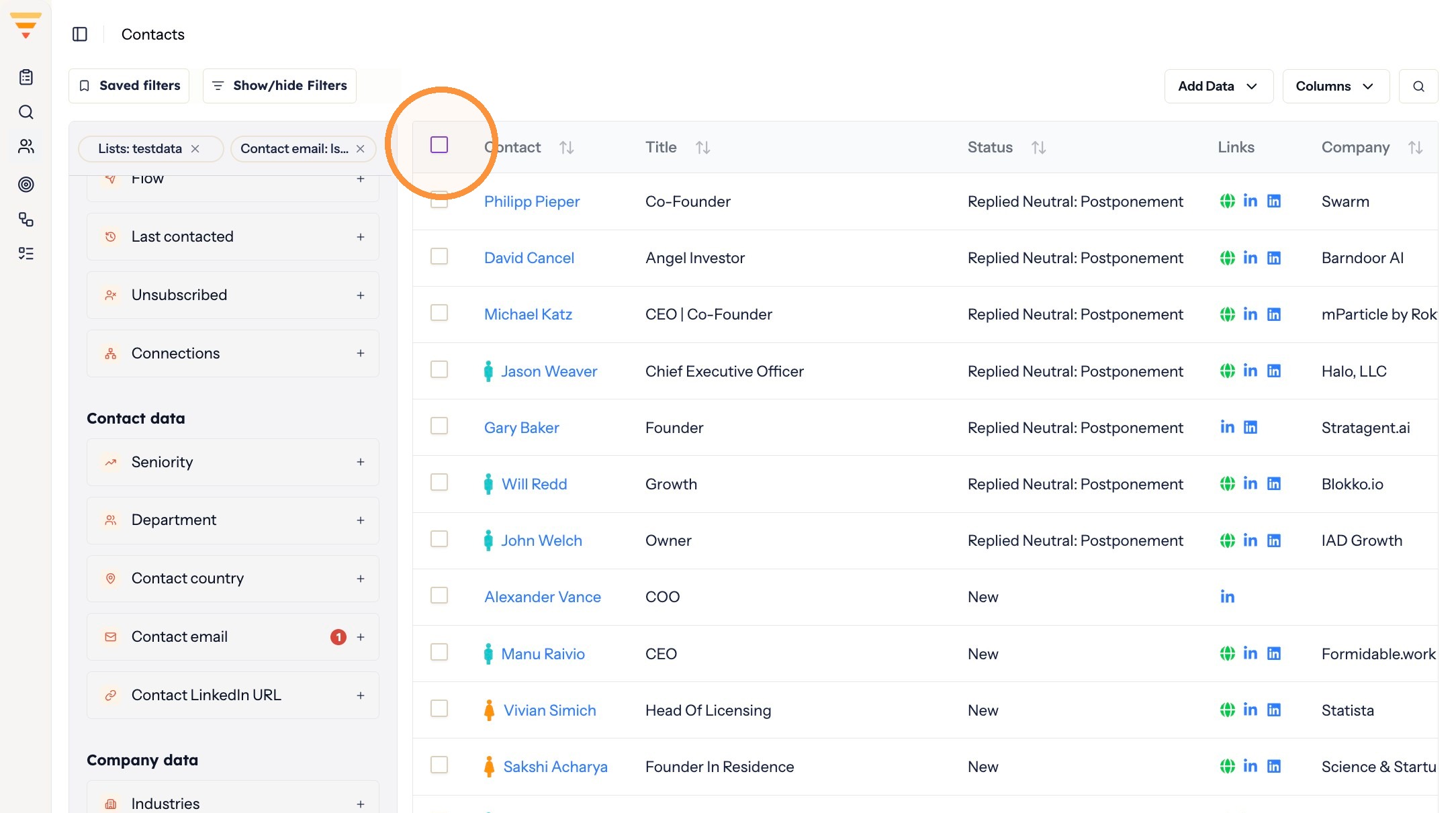 The select-all checkbox in the table header
