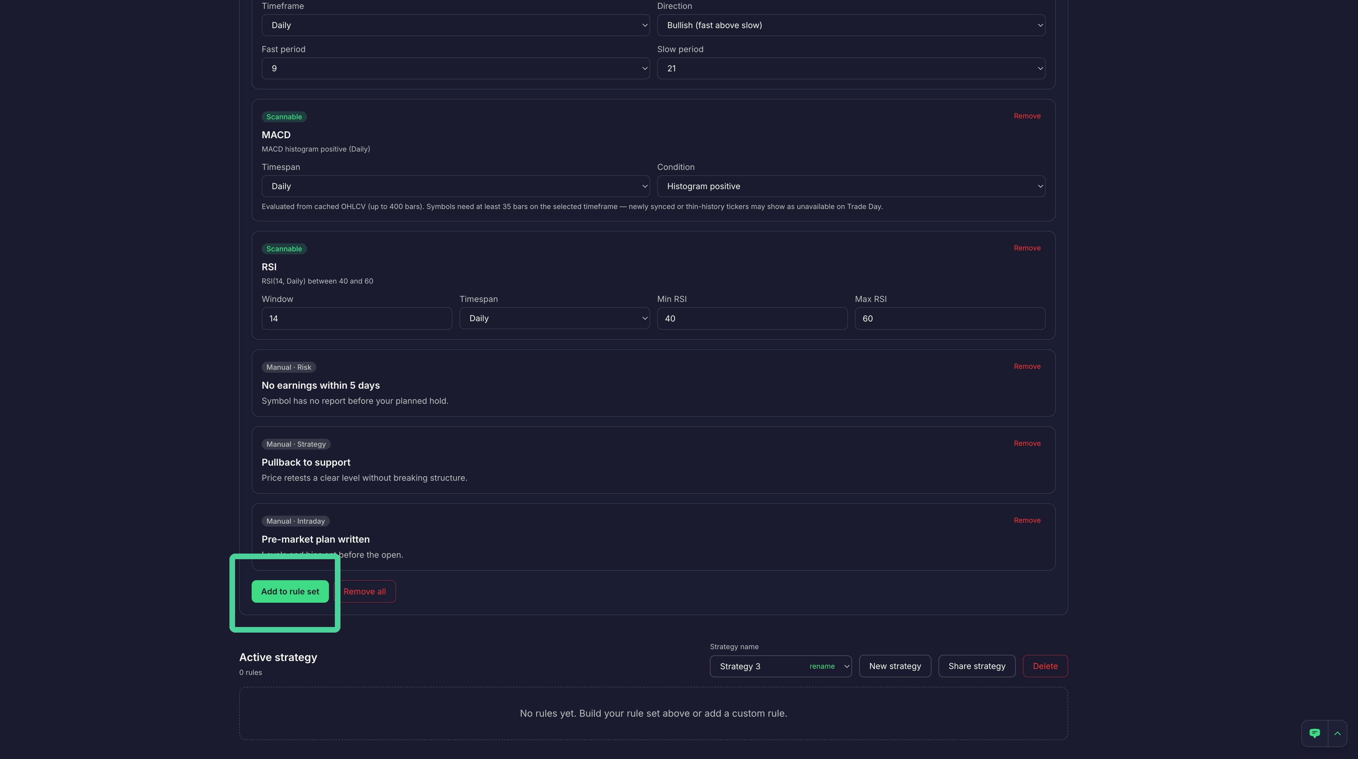 Clicking Add to rule set