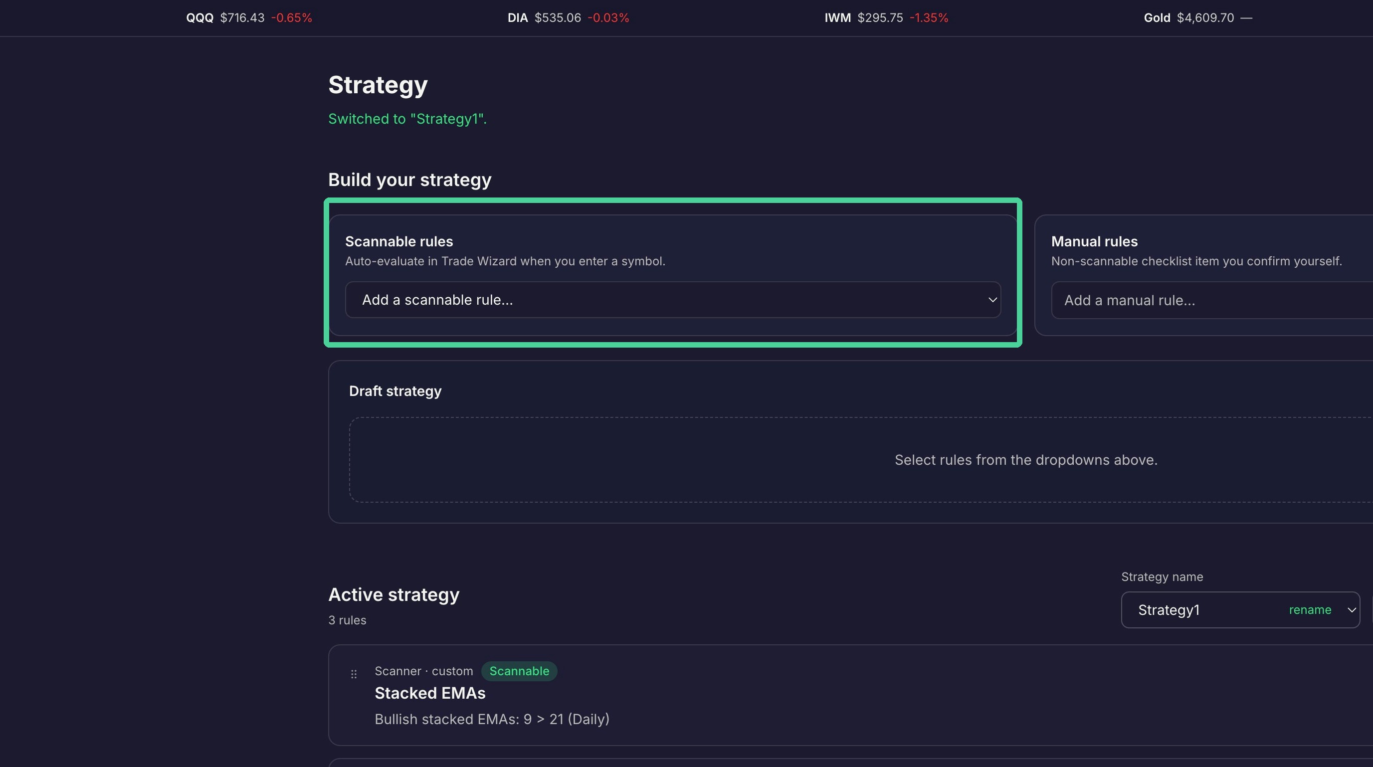 Selecting a scannable rule from the dropdown