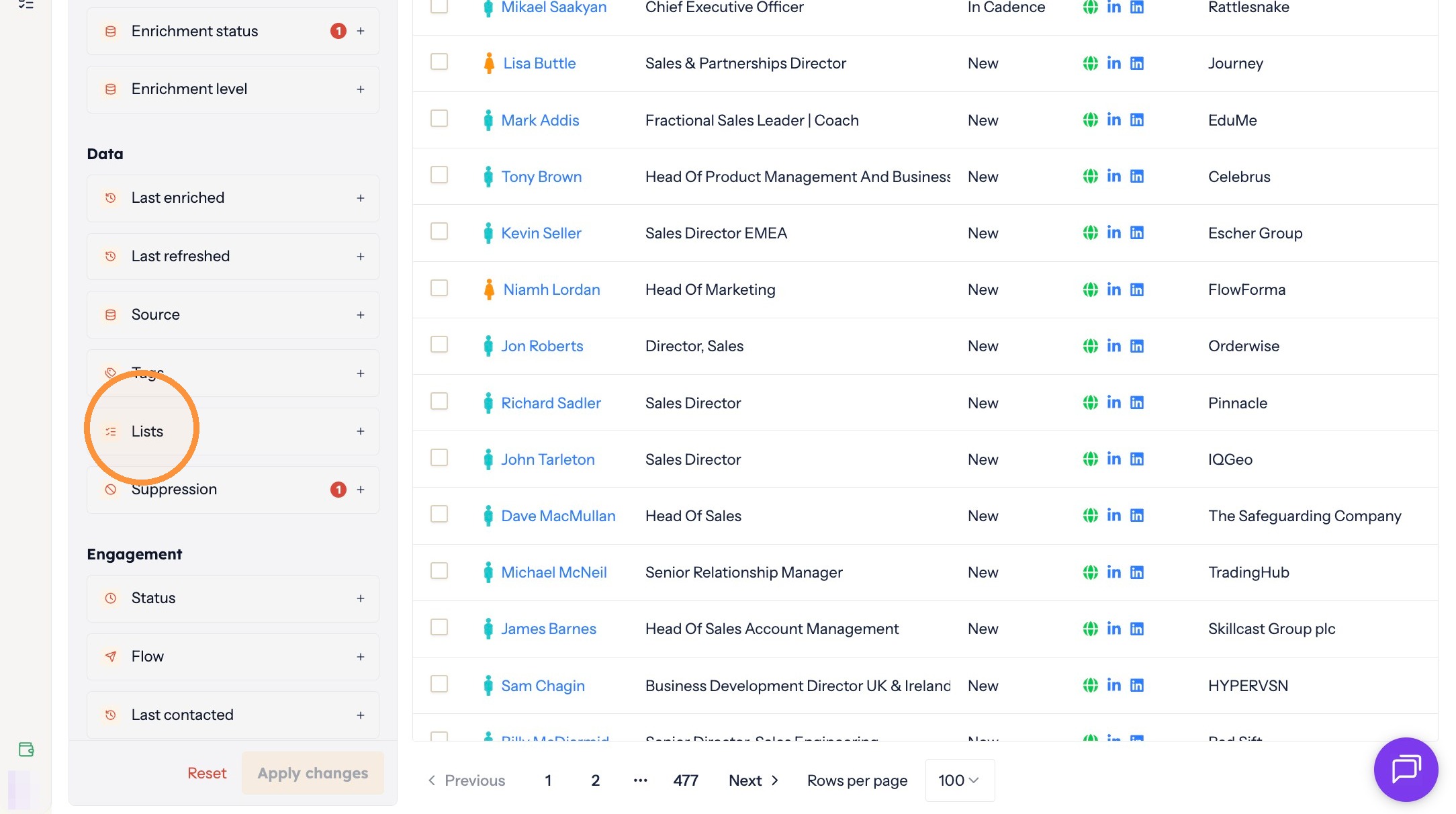 Applying filters to narrow the contact list