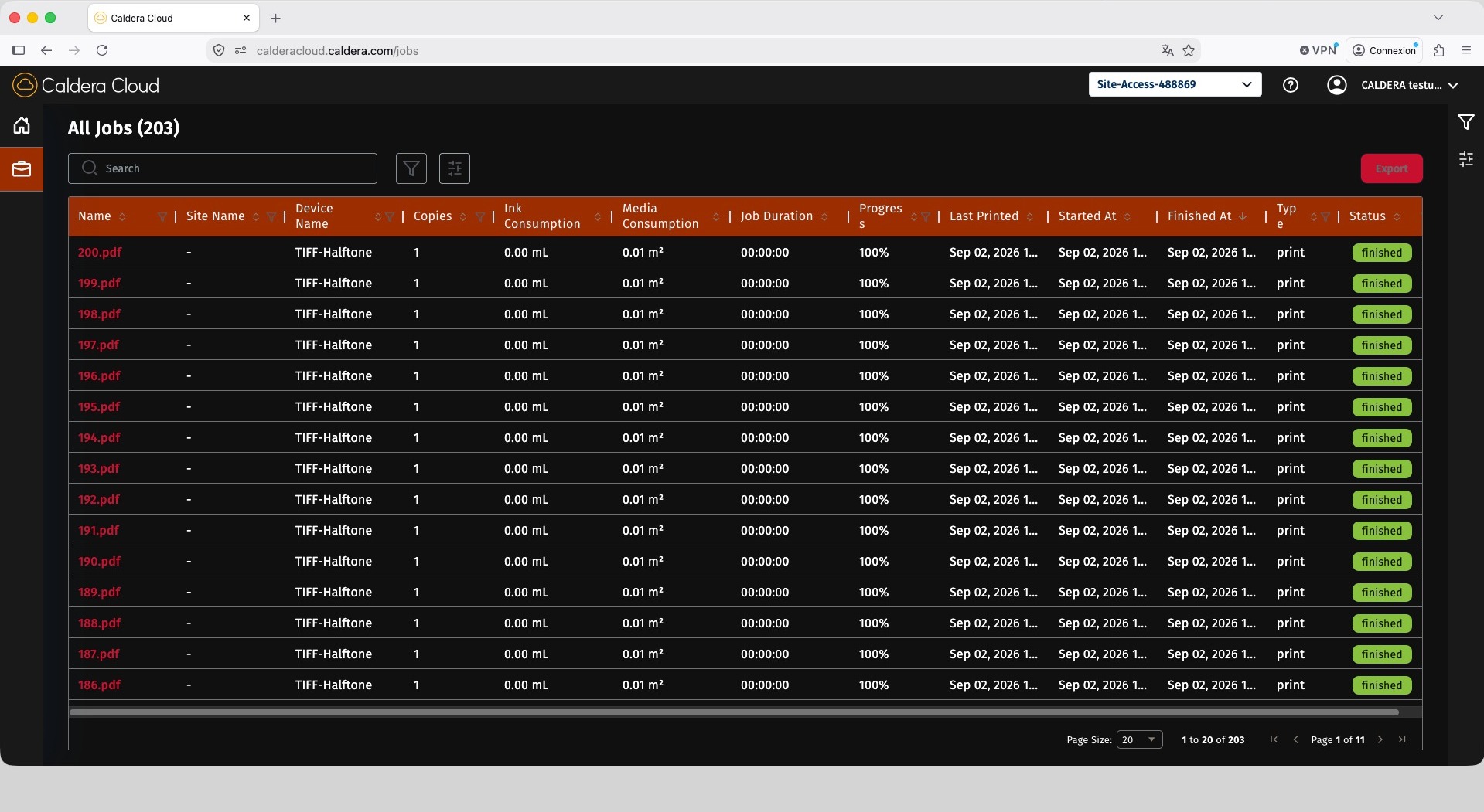 Job list in Caldera Cloud