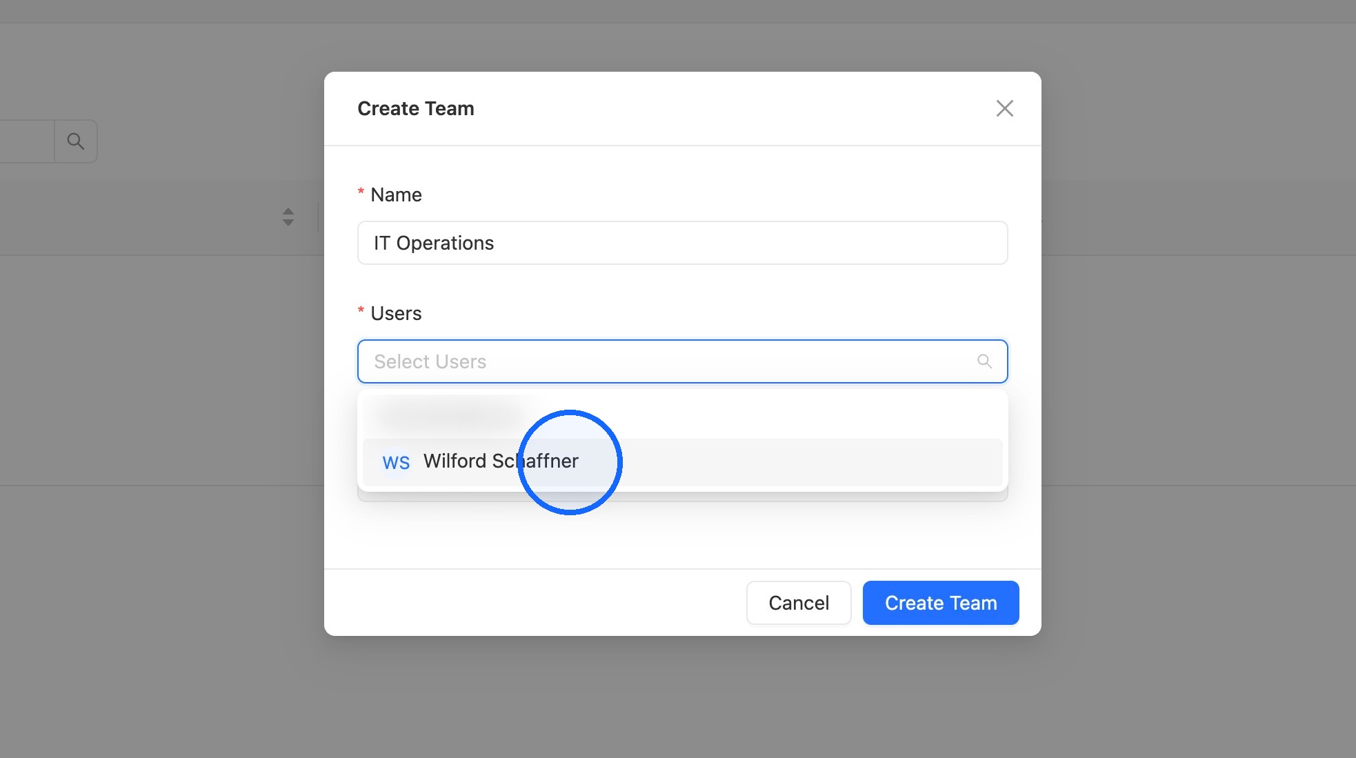 User selection list for adding team members