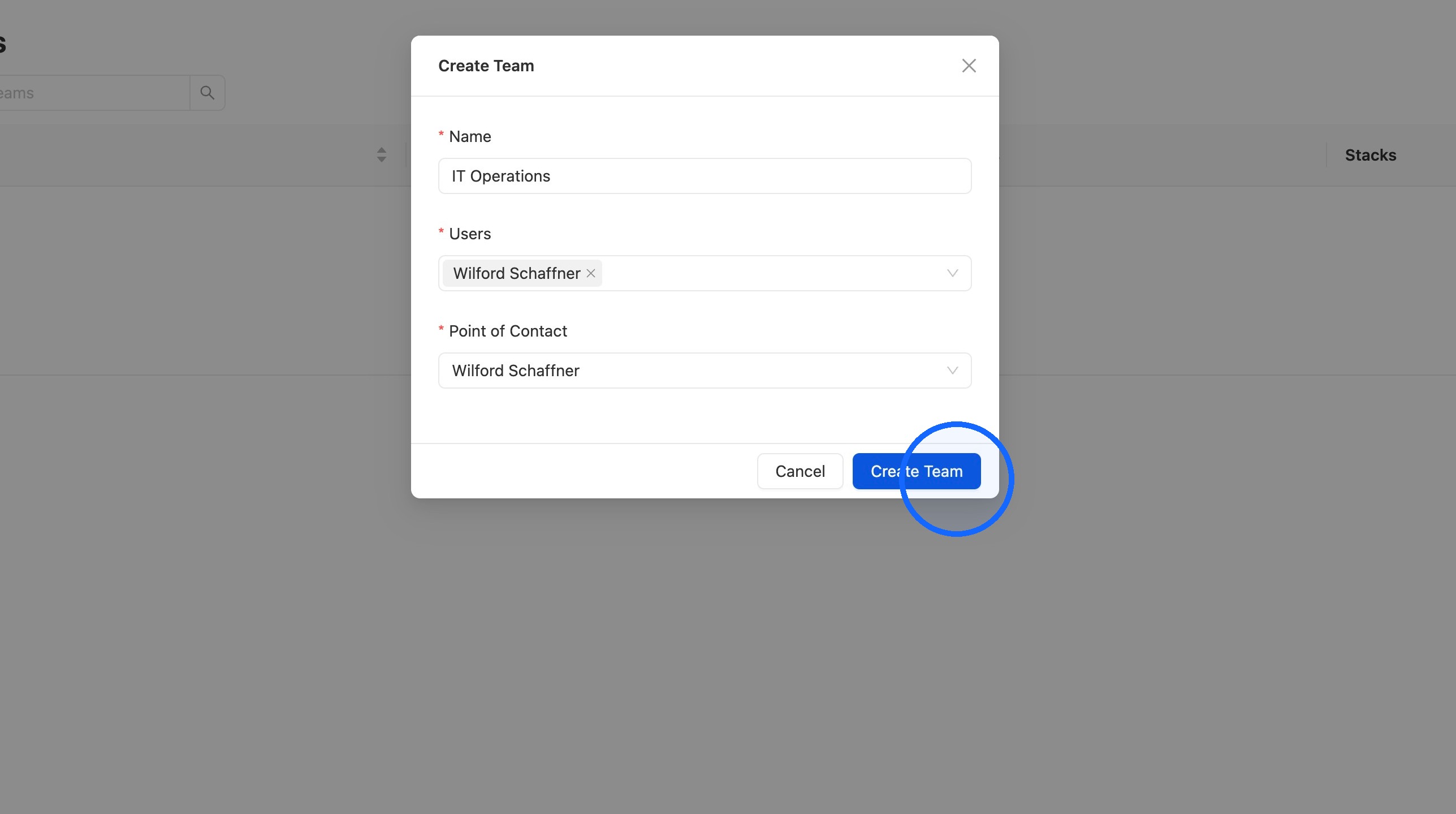 Create Team button after reviewing team details