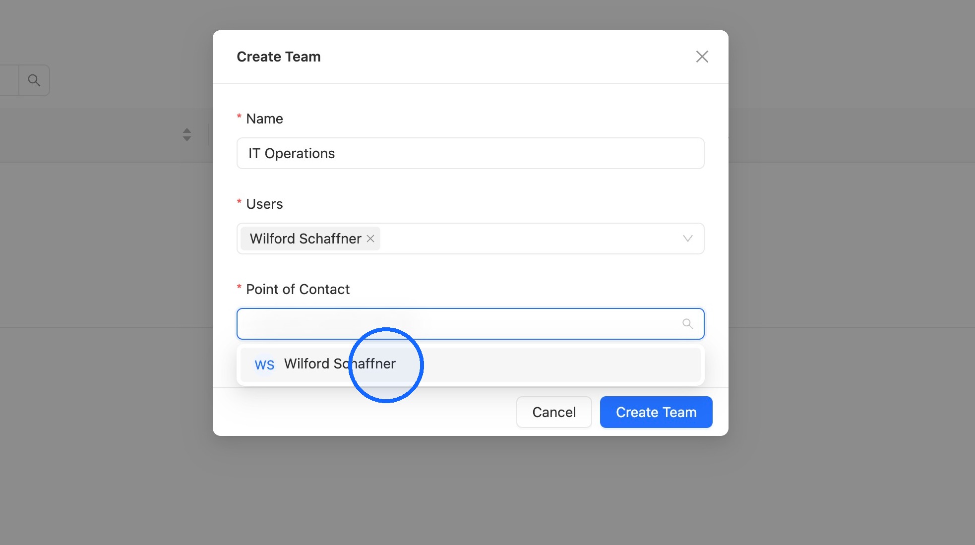 Point of Contact selection field for the team