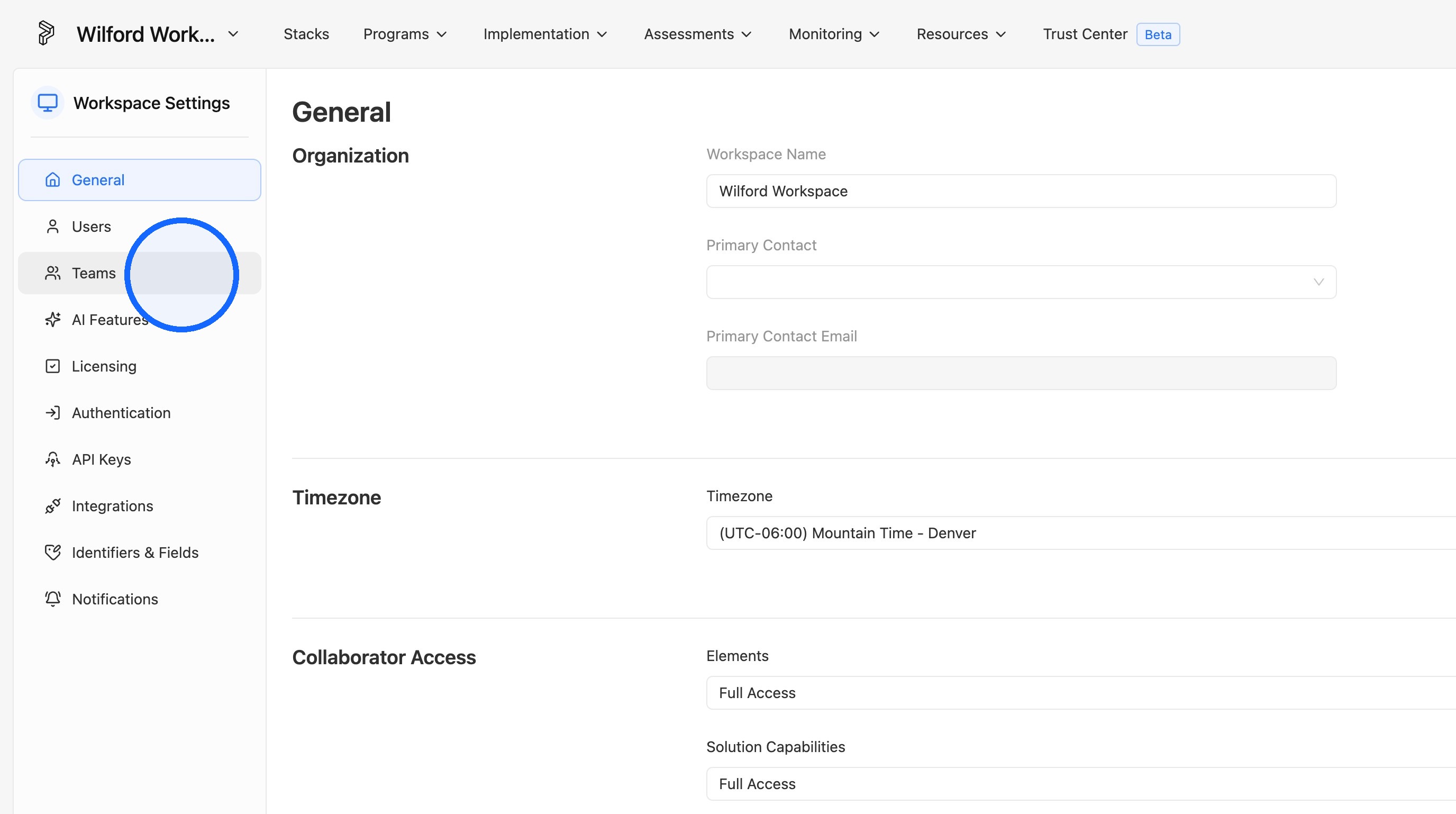 Teams option highlighted in Workspace Settings