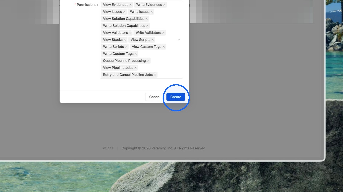 Clicking Create to generate the API key